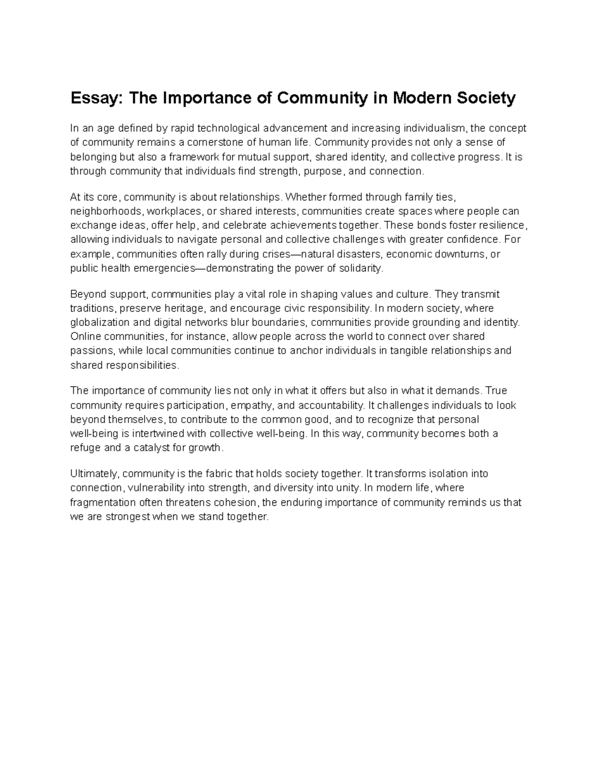 Essay: The Significance of Community in Today's Society - Studocu