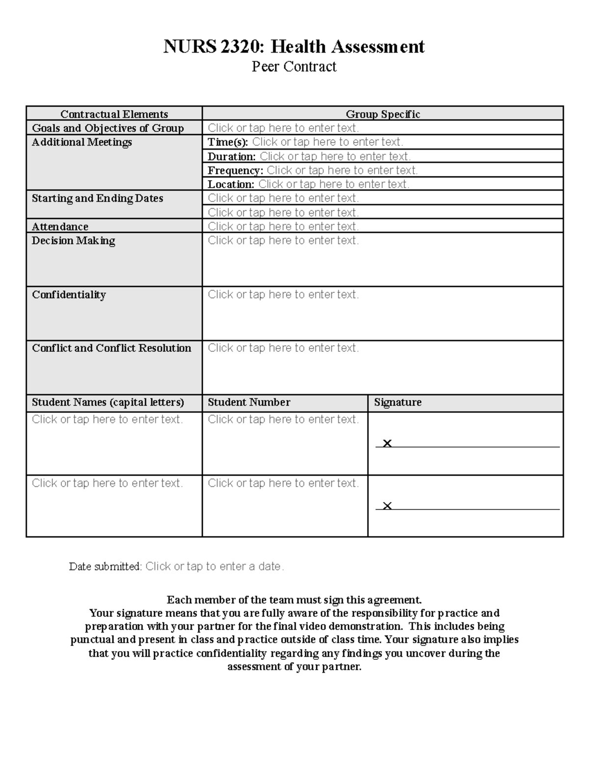 NURS 2320 - Health Assessment (Peer Contract) fillable 2025 - NURS 2320 ...