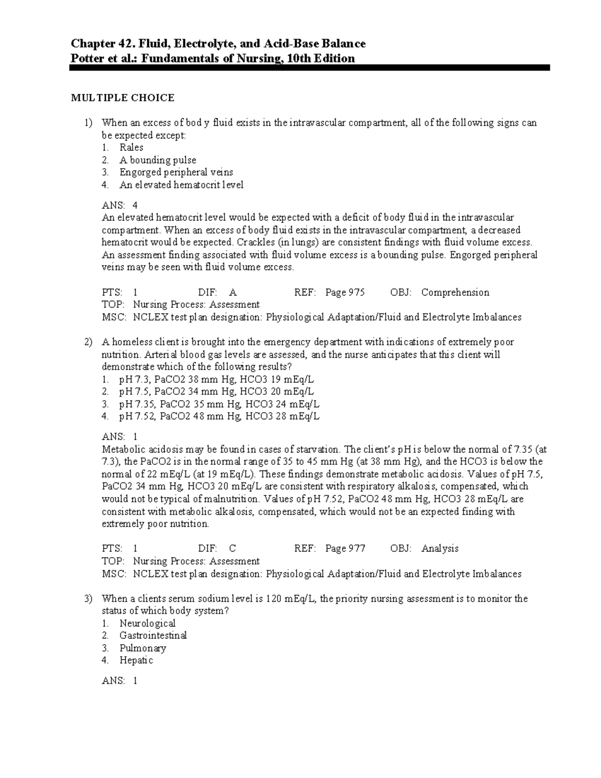 Chapter 42 - Fluid and Electrolyte Imbalances: NCLEX Practice Questions ...