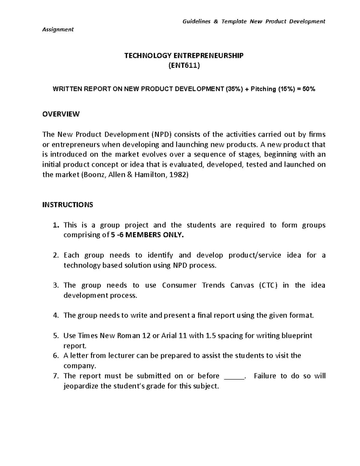 ENT611 New Product Development Assignment Guidelines & Template - Studocu