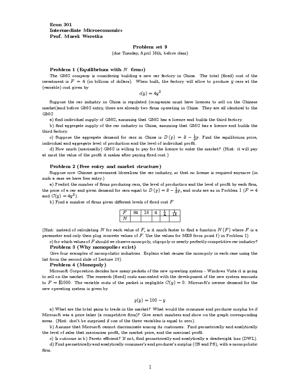 PS9 - Problem set solutions - Econ 301 Intermediate Microeconomics Prof ...