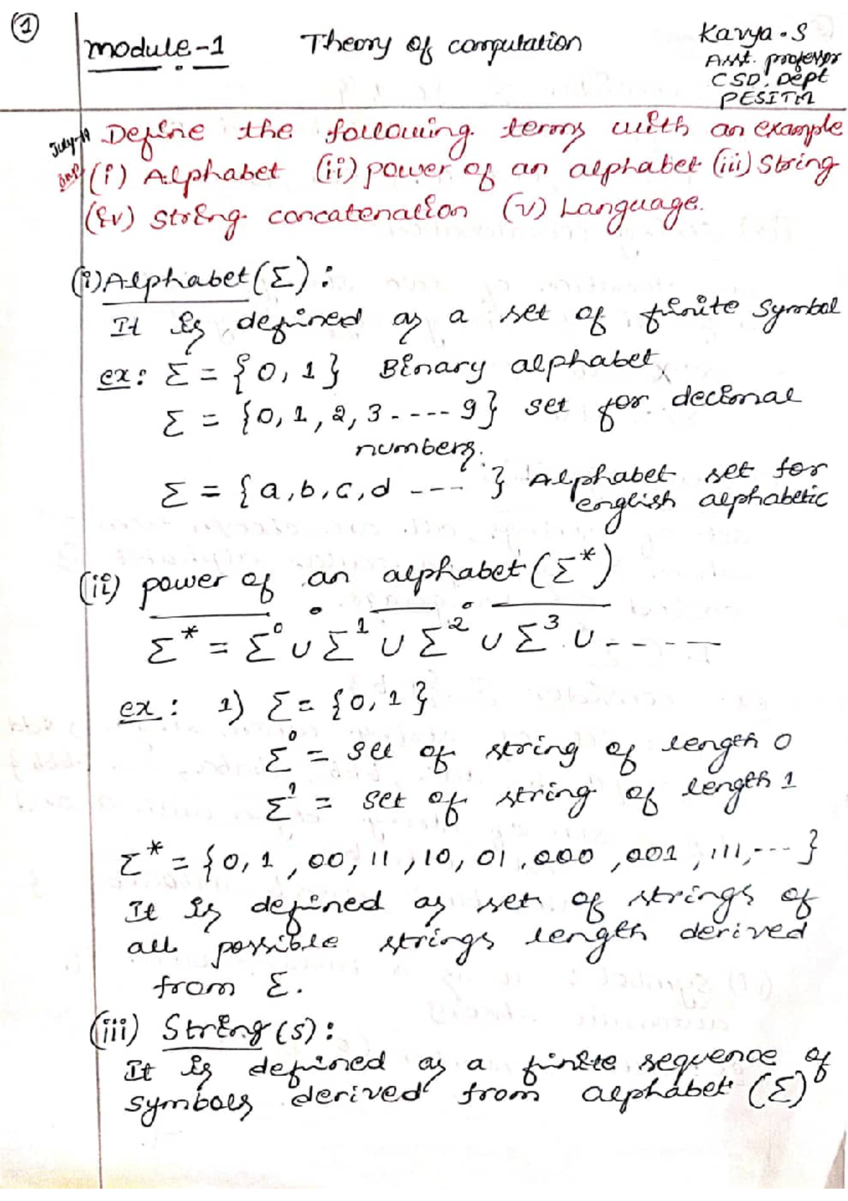 CSD 101 Theory of Computation: Key Concepts and Definitions - Studocu