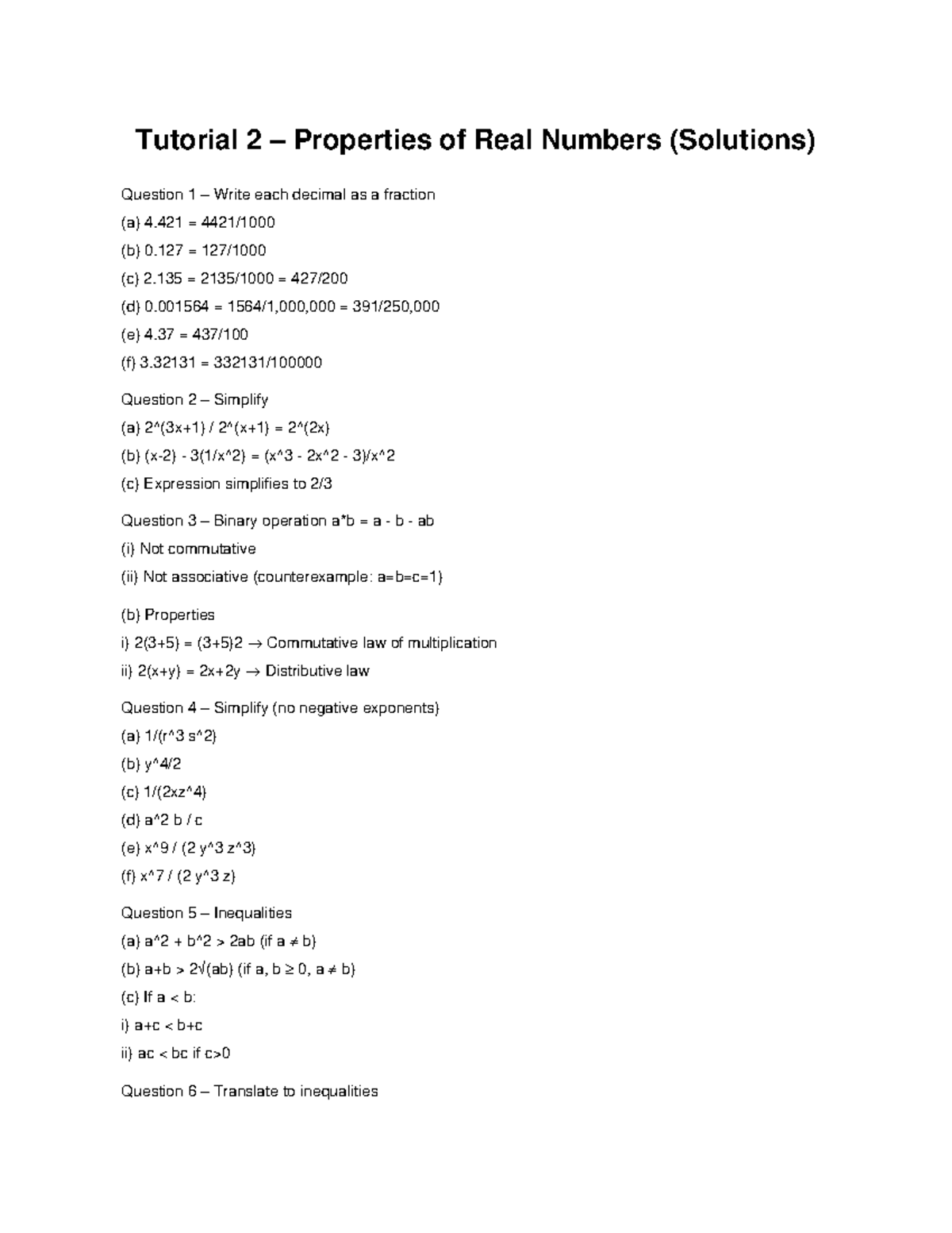 Tutorial 2 – Properties of Real Numbers (Maths Solutions) - Studocu