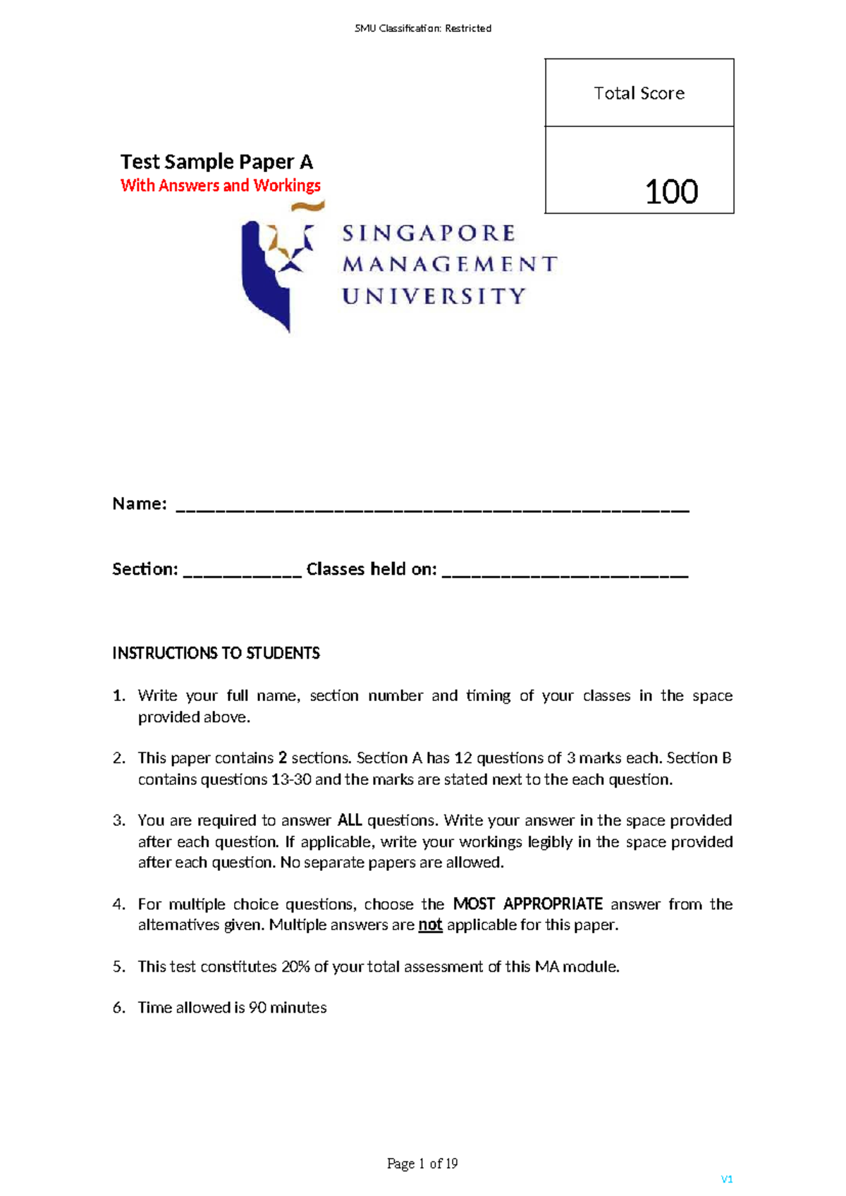 Test Sample Paper A with Ans 2023-24-S1 - Total Score Test Sample Paper ...