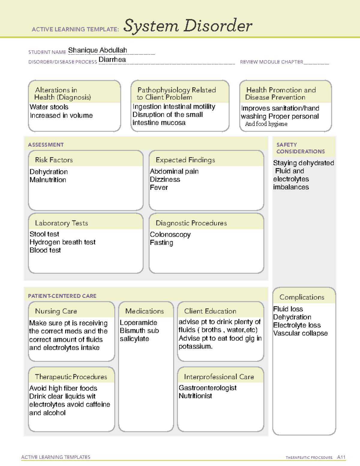 Diarrhea System Disorder - Active Learning Template by S. Abdullah ...