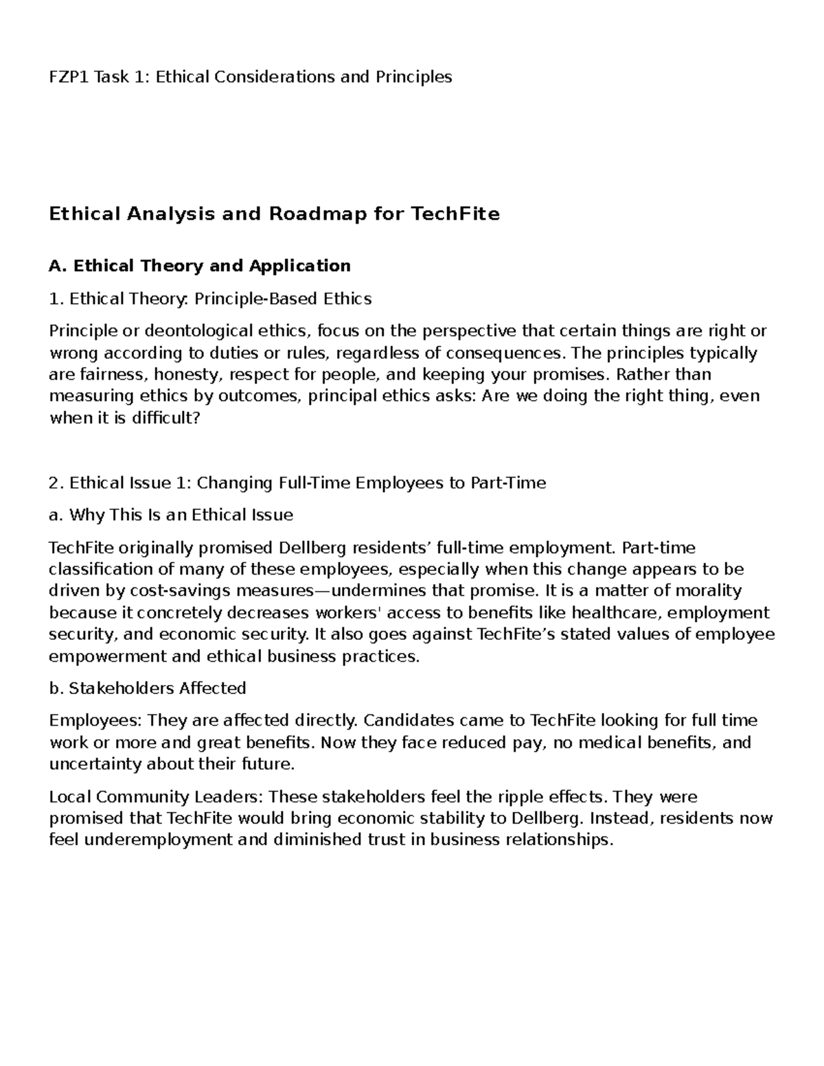 FZP1 Task 1: Ethical Analysis and Roadmap for TechFite - Studocu