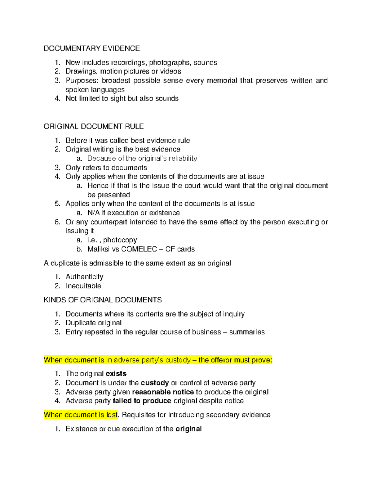 Evidence class notes - DOCUMENTARY EVIDENCE Now includes recordings ...