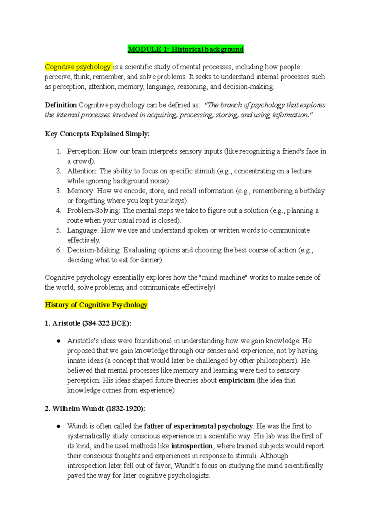 Cognitive Psychology (PSY 101) - Lecture Notes on Historical Background ...