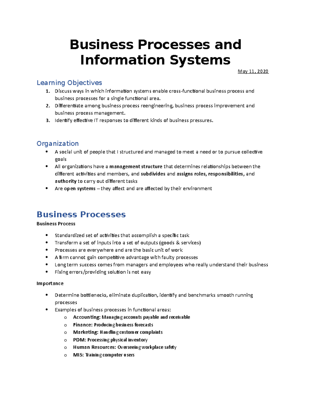 Chapter 2 - Ch2 Notes - Business Processes and Information Systems May ...
