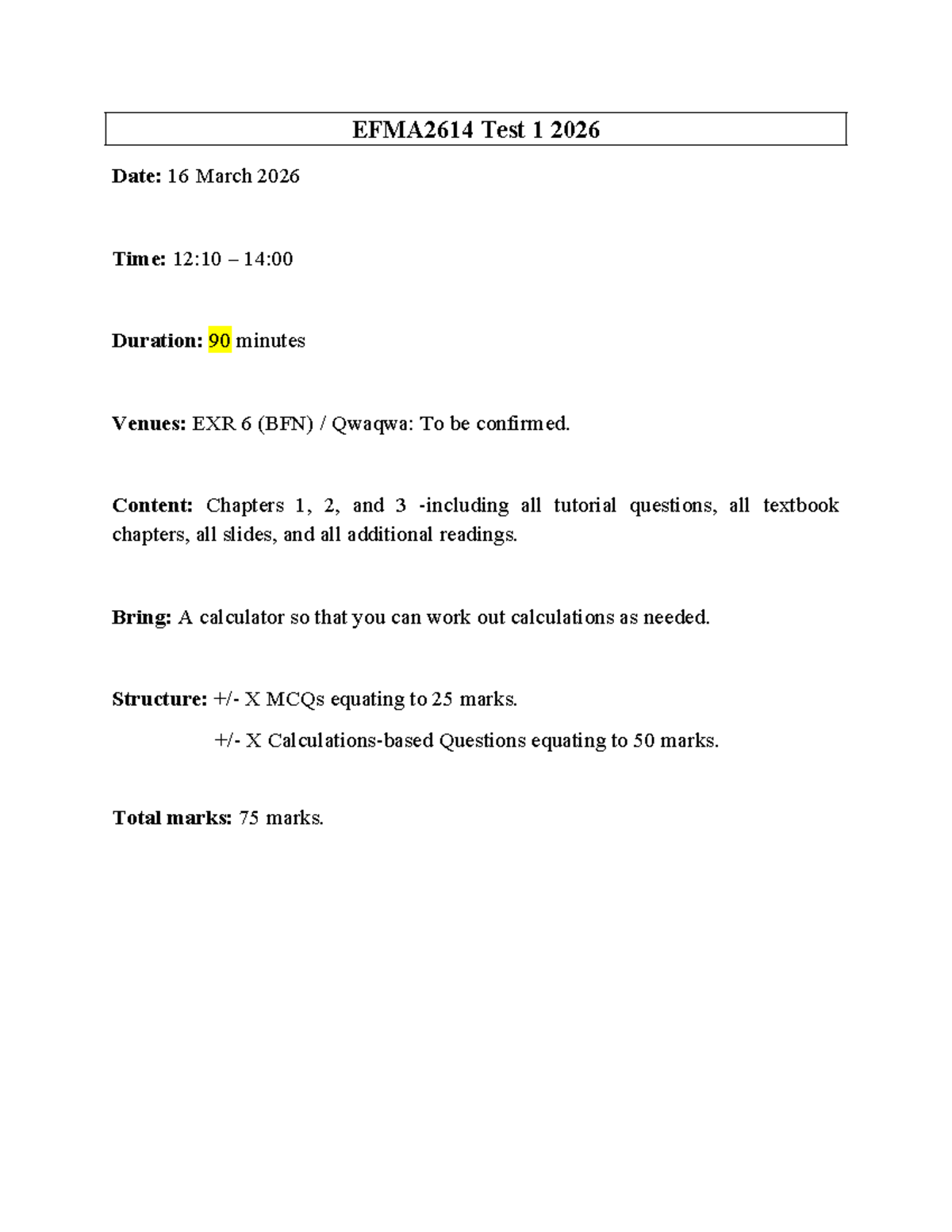 Test 1 Outline - EFMA2614 - EFMA2614 Test 1 2026 Date: 16 March 2026 ...