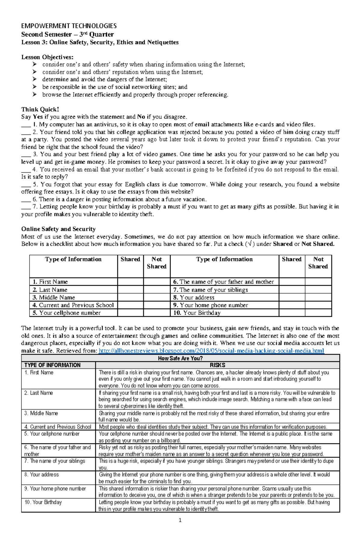 ET Lesson 3 - Second Semester – 3 rd Quarter Lesson 3: Online Safety ...