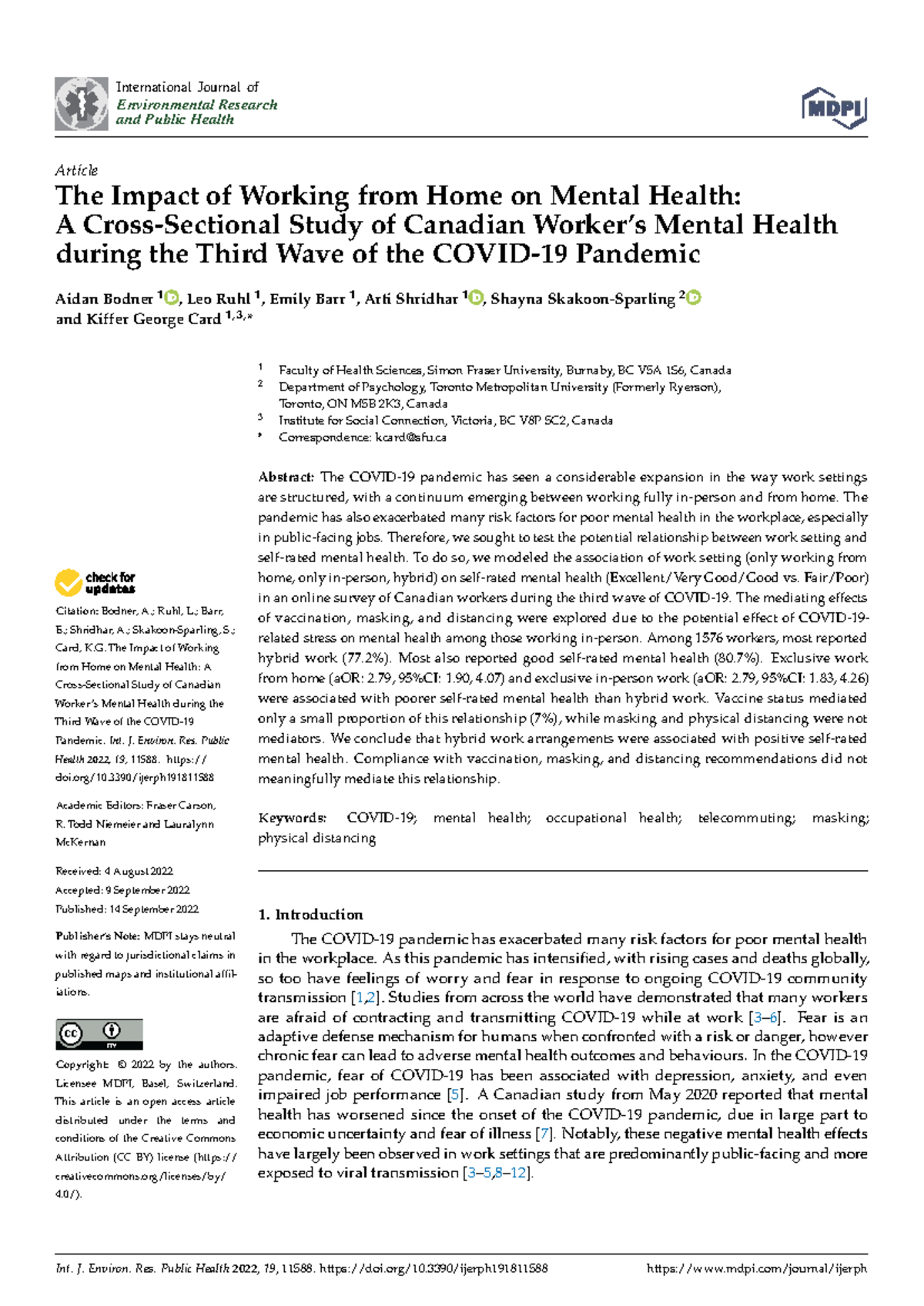 The Impact of Working from Home on Canadian Mental Health: A Study ...