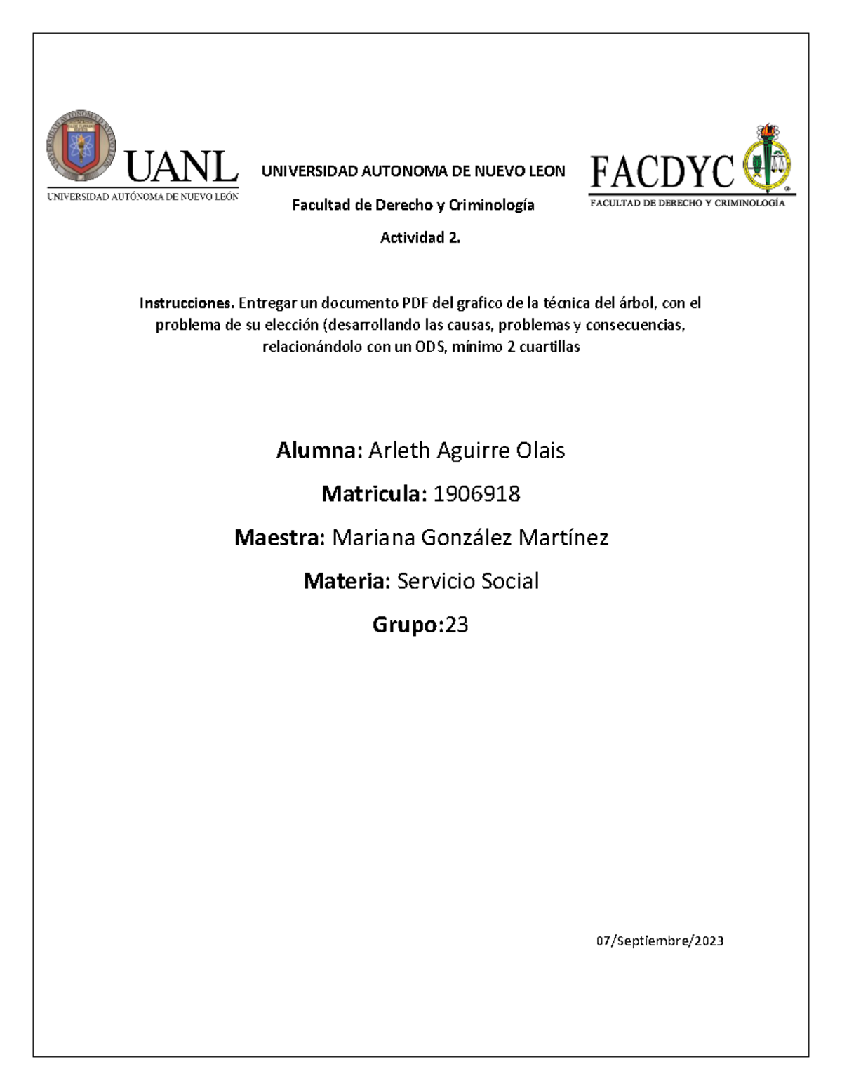 Actividad 2 servicio social - UNIVERSIDAD AUTONOMA DE NUEVO LEON ...