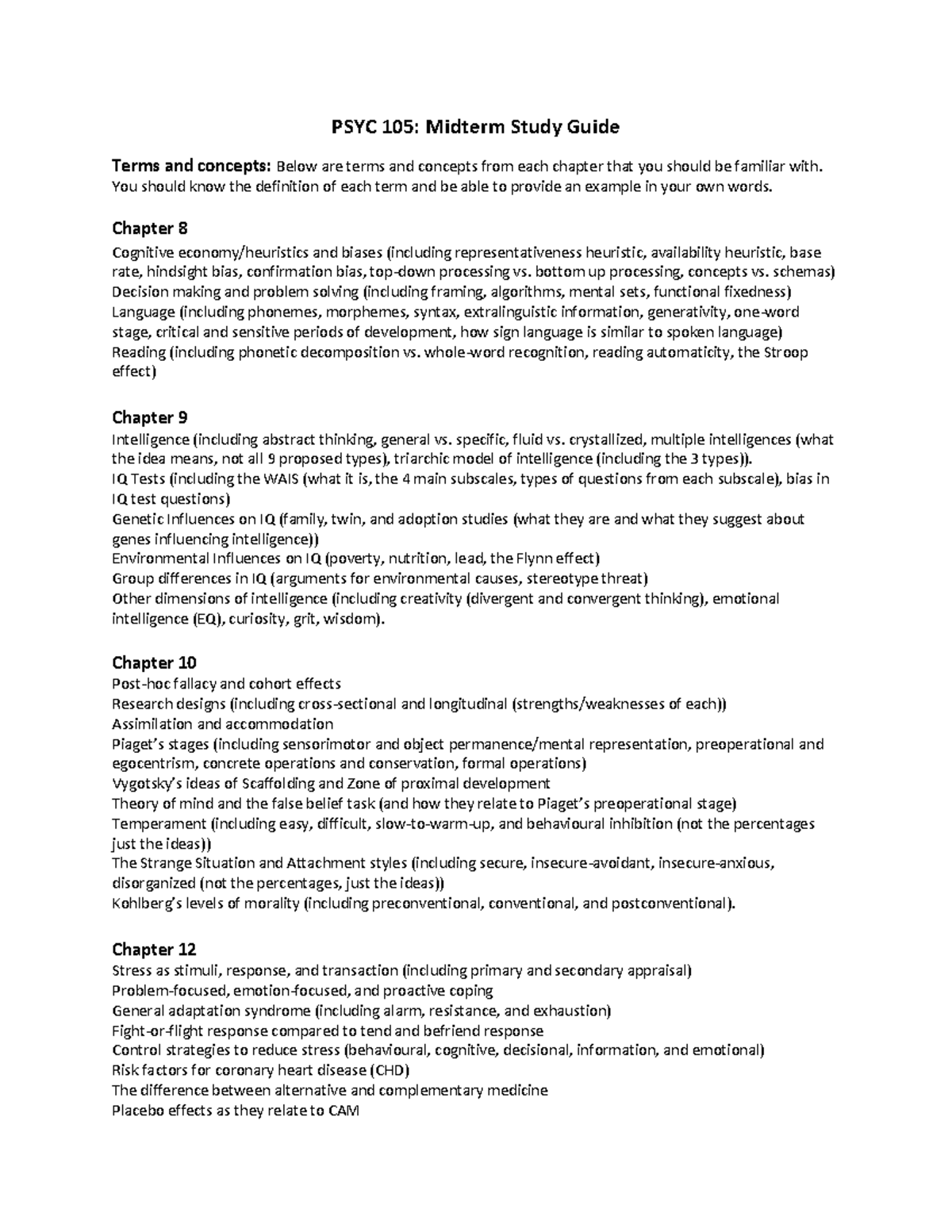 PSYC 105 - Comprehensive Midterm Study Guide for Fall 2021 - Studocu