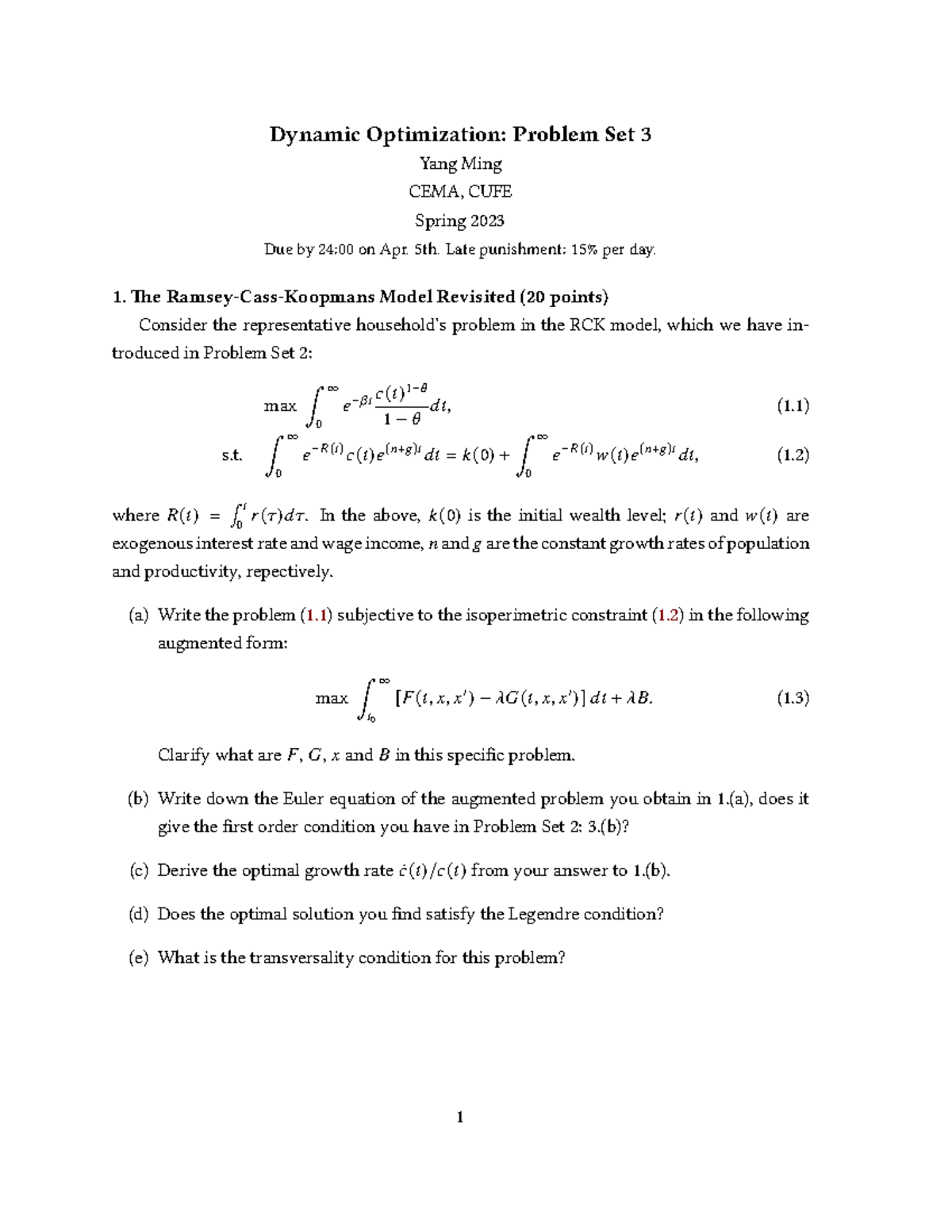 Dynamic Optimization Problem Set 3 (Spring 2023) - No Solutions - Studocu