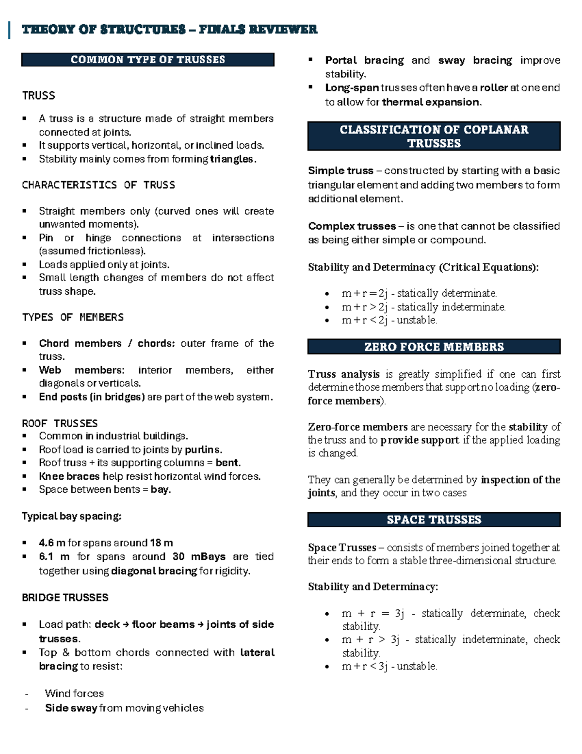 TOS 101: Theory of Structures Final Exam Reviewer on Trusses - Studocu