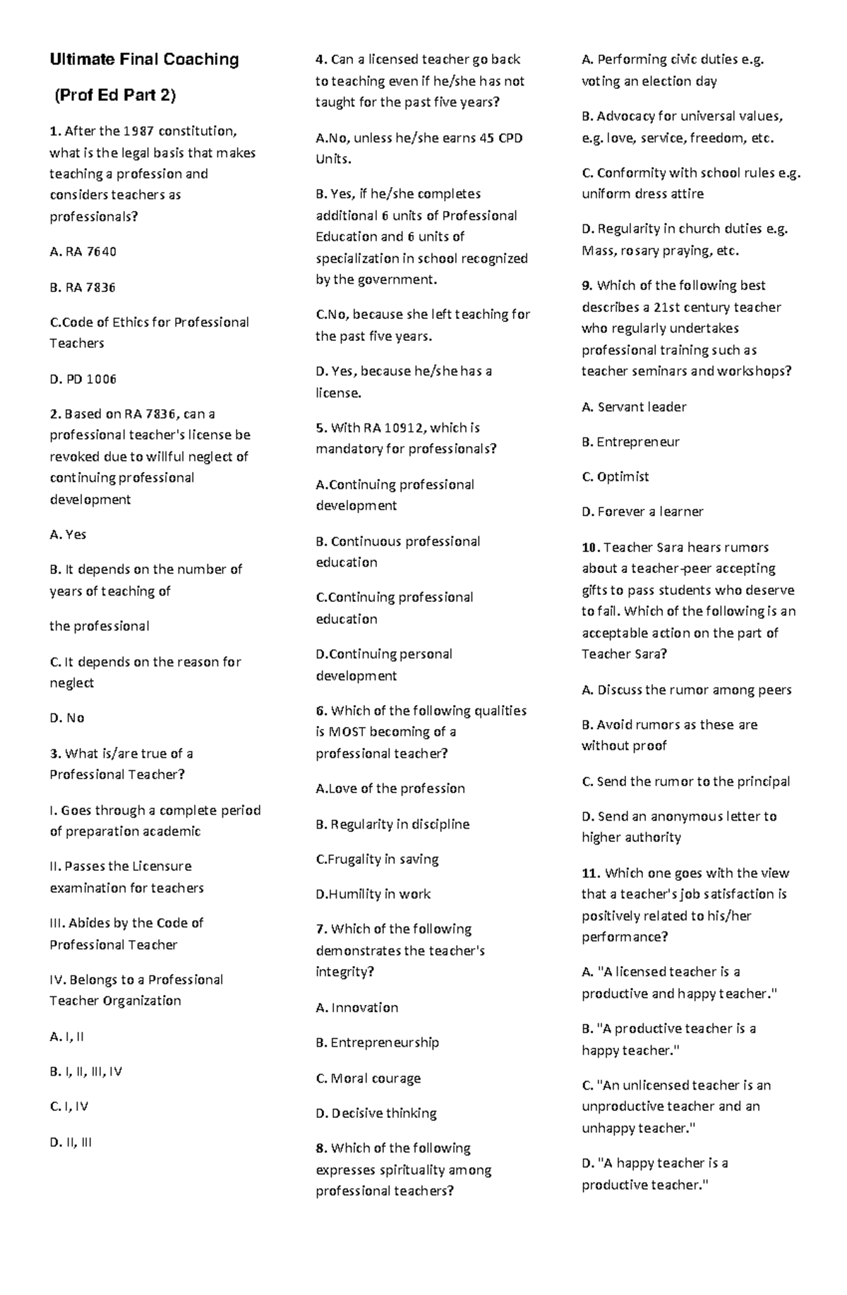 Comprehensive Final Coaching For Prof Ed Part 2 Studocu