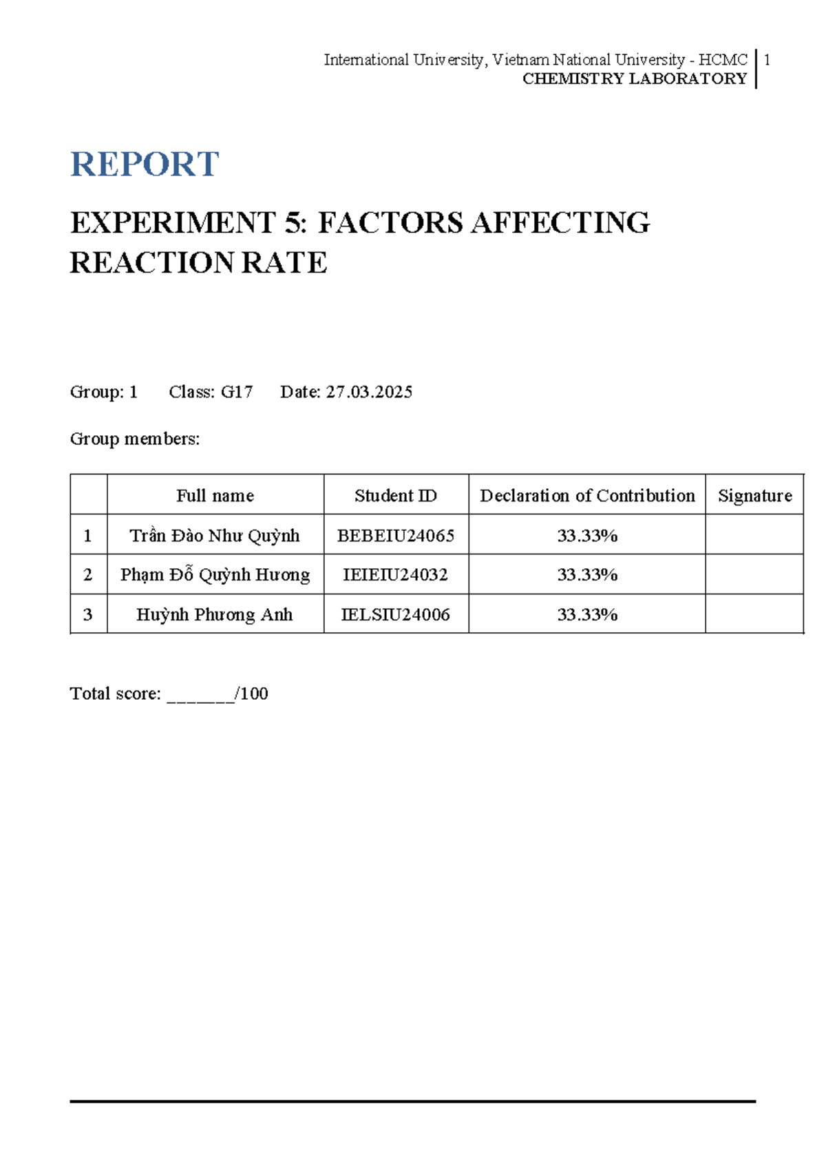 CHEM 101 - Lab Report: Experiment 5 on Reaction Rate Factors - Studocu