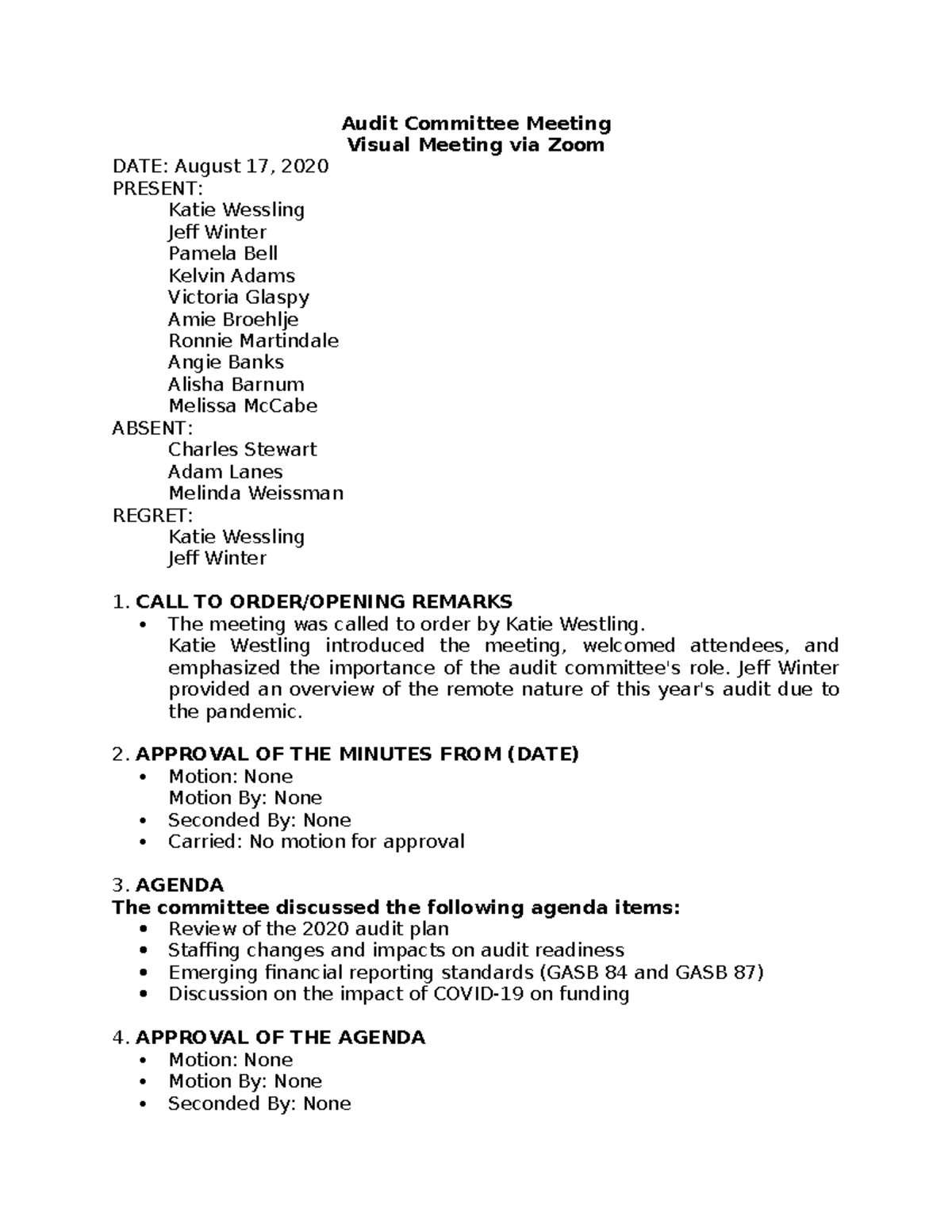 Audit Committee Meeting Minutes - Zoom, August 17, 2020 - Studocu