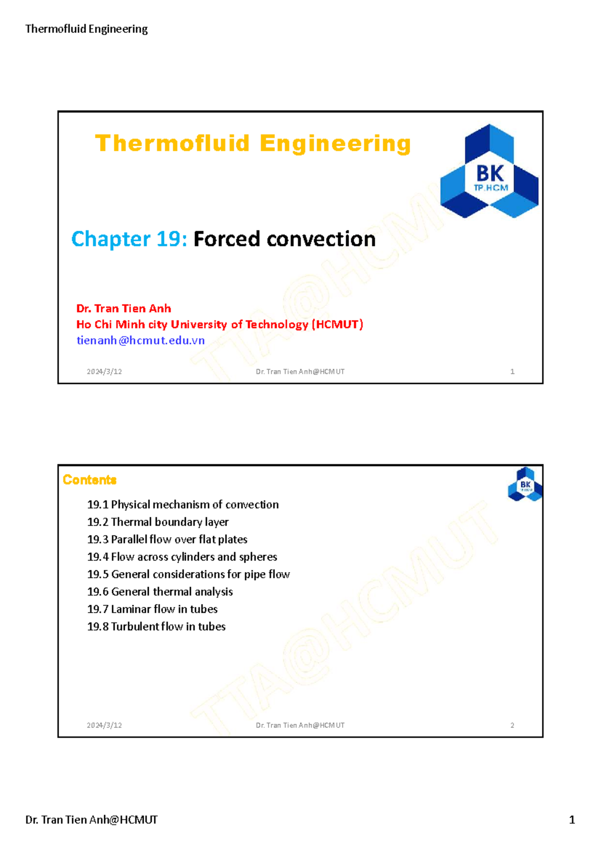Thermofluid Engineering (ENGR 101) Chapter 19: Forced Convection ...