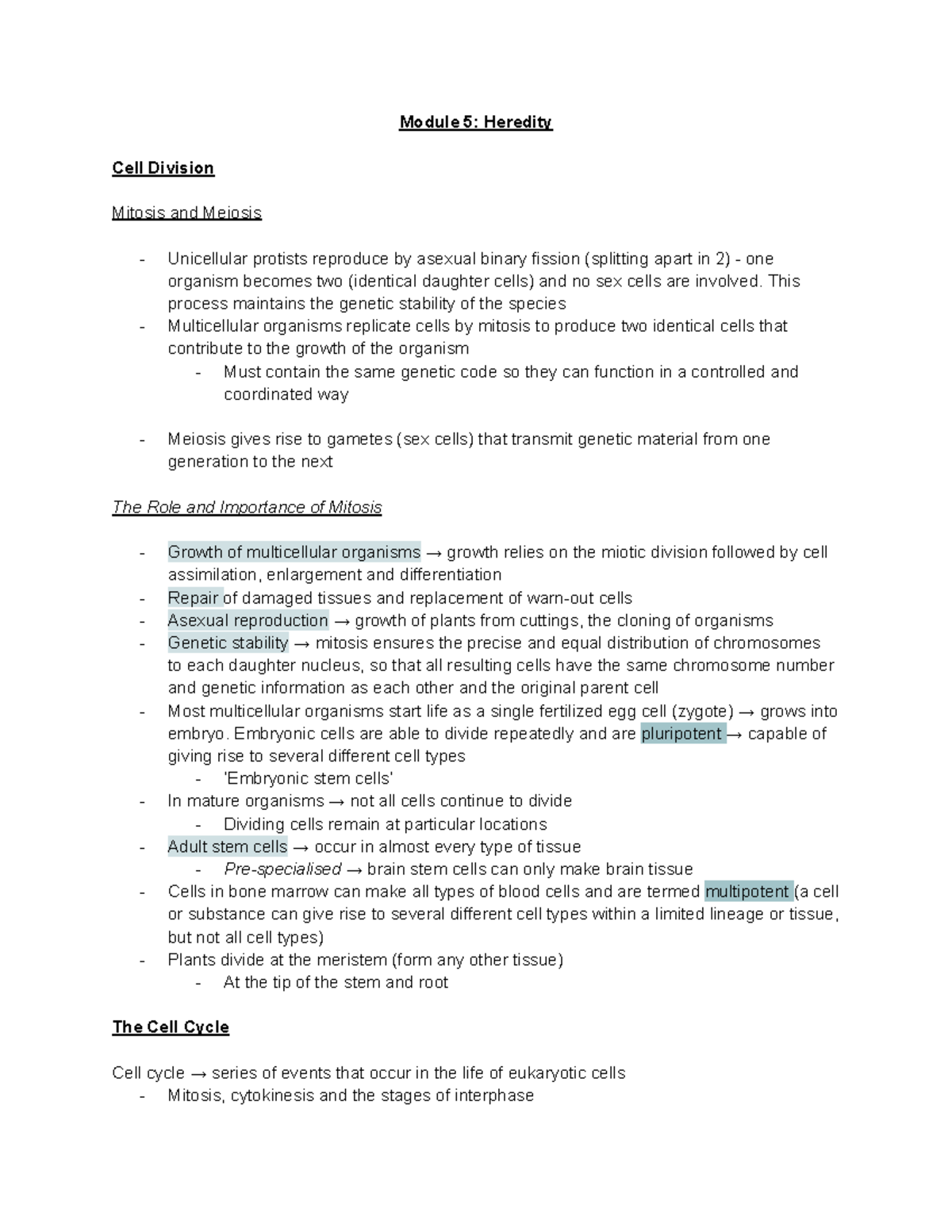 Module 5: Heredity - Cell Division Overview - Studocu