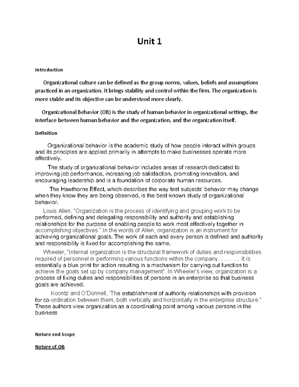 OB Unit 1 - Introduction to Organizational Behavior and Culture - Studocu