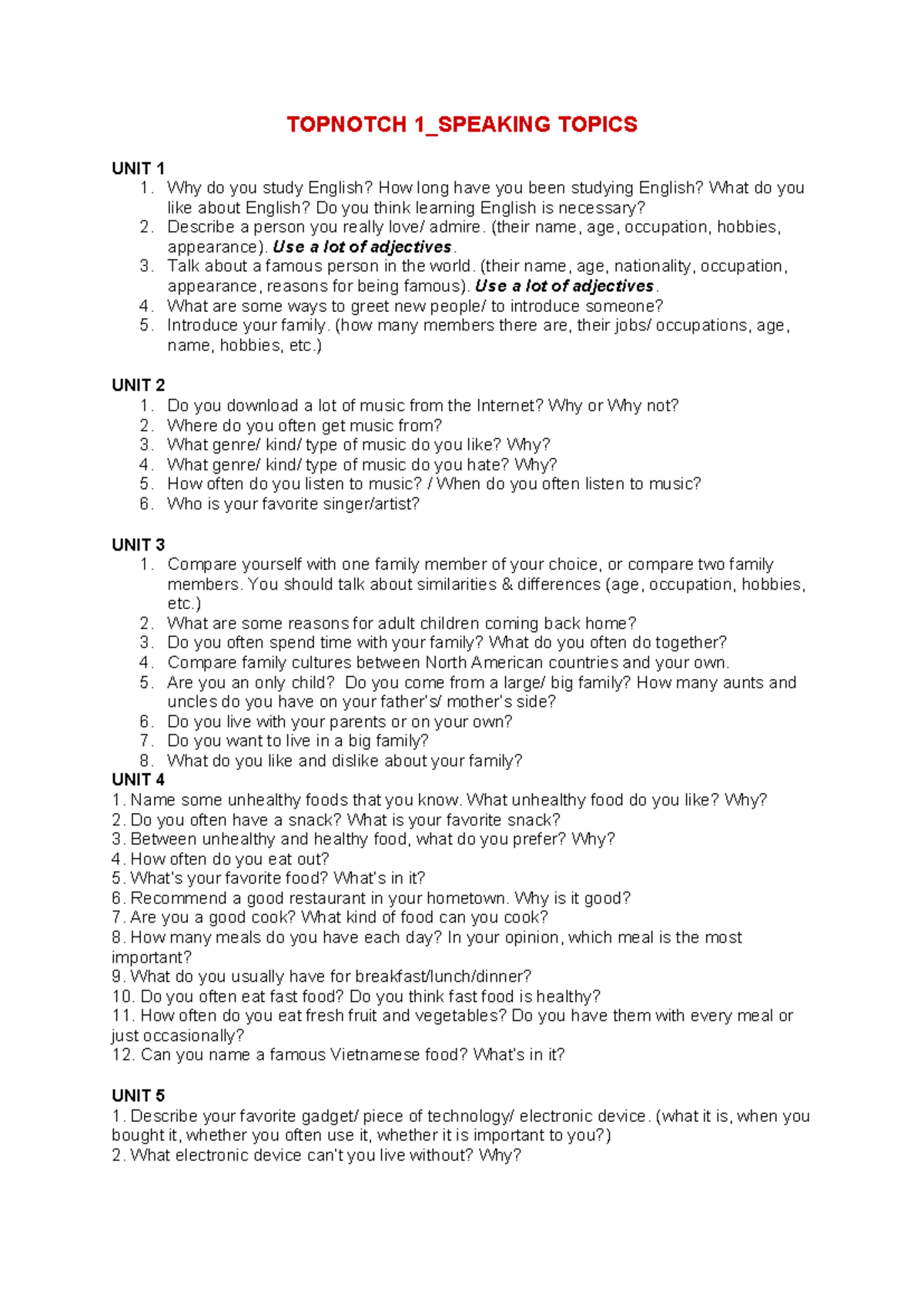 TOPNOTCH 1_SPEAKING TOPICS PART 1: UNITS 1-10 OVERVIEW - Studocu