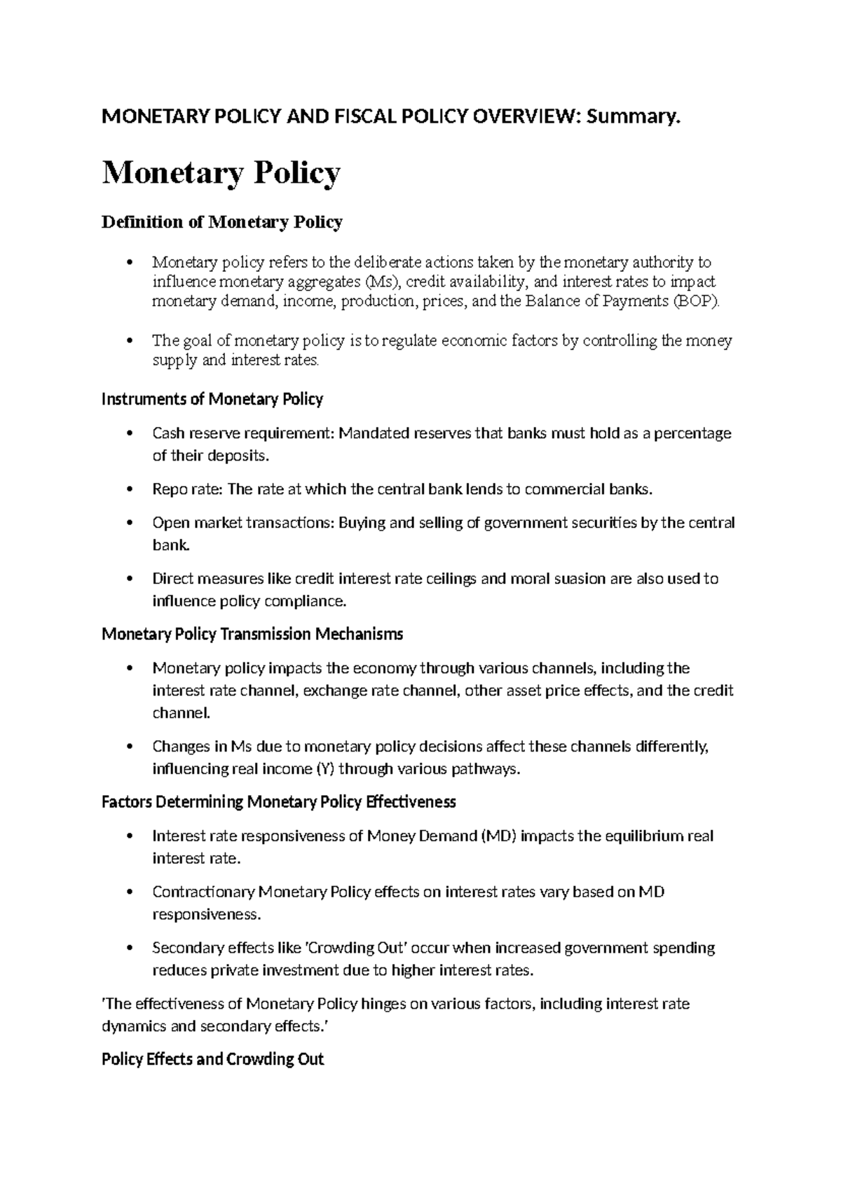 EMAC 2724 CH. 9 & 10 - Summary of Monetary and Fiscal Policy Concepts ...