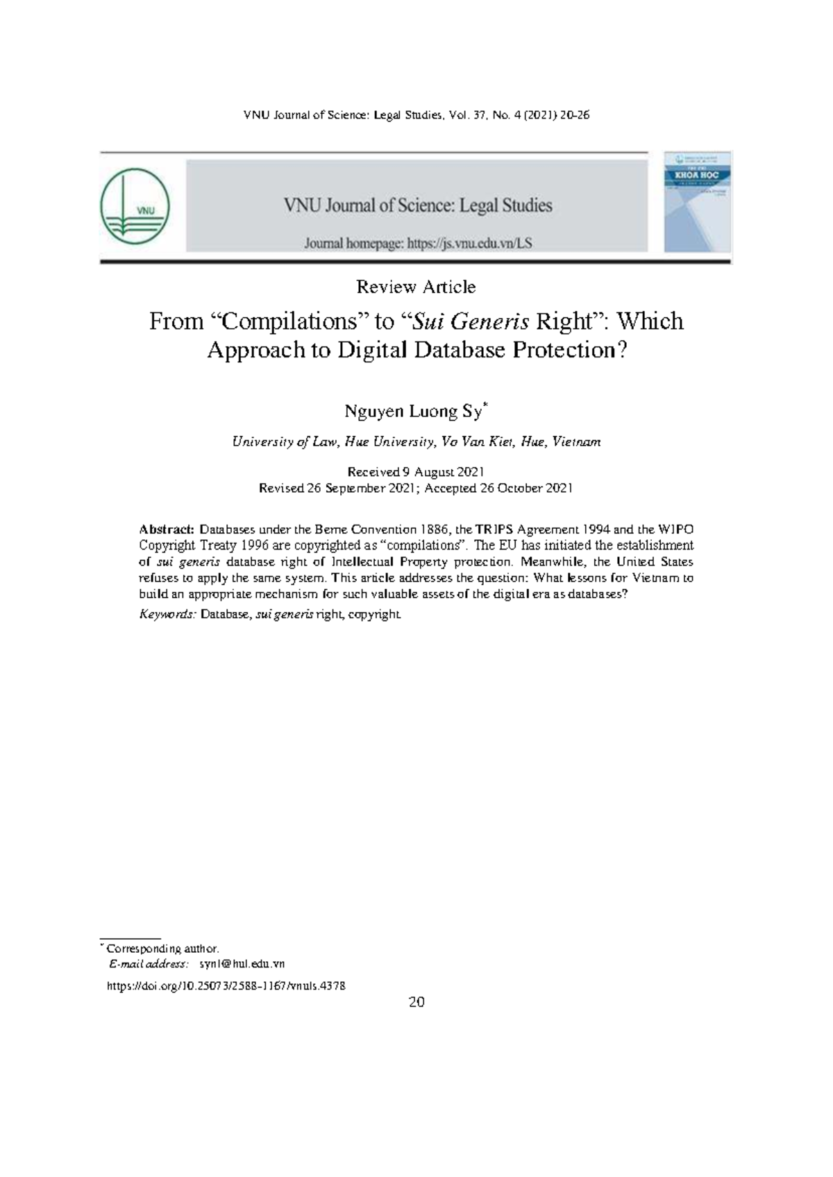 Sui Generis Database Protection: Lessons for Vietnam (VNU Legal Studies ...
