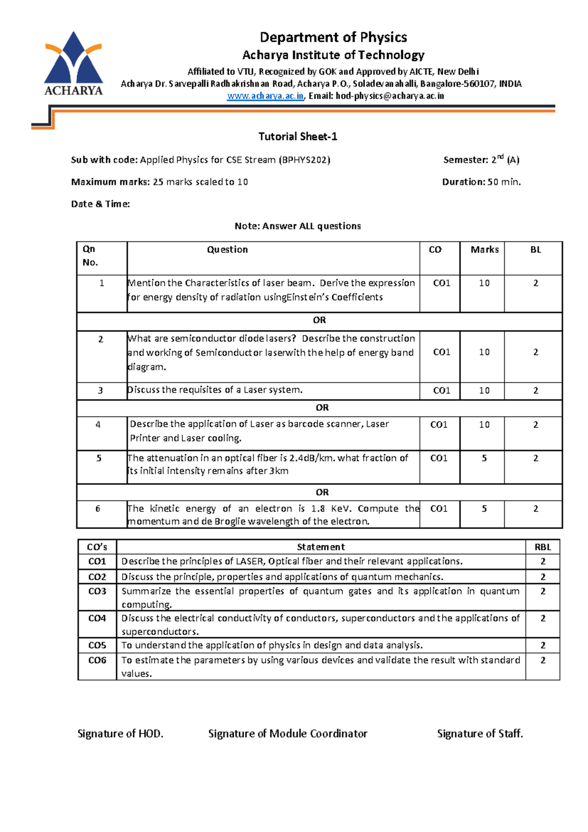 Tutorial Sheet 1 for Applied Physics (BPHYS202) - Semester 2 - Studocu