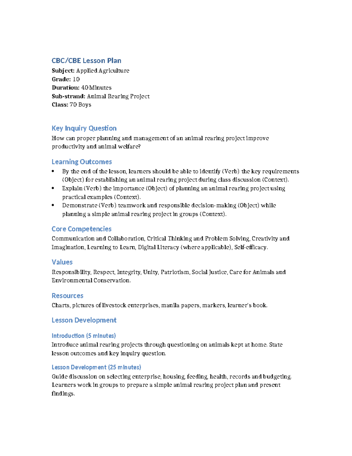CBE Grade 10 Applied Agriculture Lesson Plan: Animal Rearing Project ...