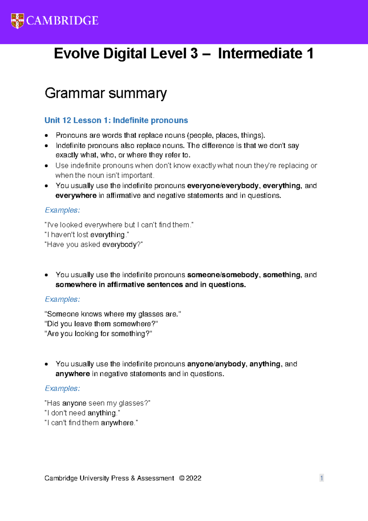 Evolve Digital Level 3 Intermediate 1 Grammar Summary: Unit 12 Lesson 1 ...