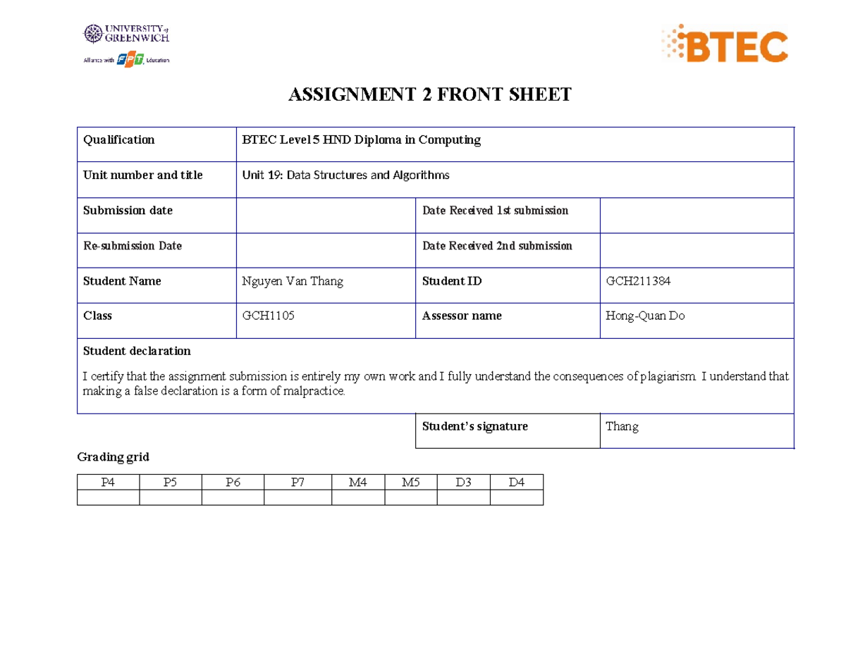 ASM2-1649 - ASSIGNMENT 2 FRONT SHEET Qualification BTEC Level 5 HND ...