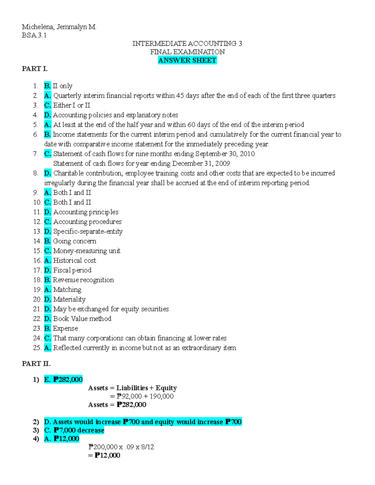 Intermediate Accounting 3 - Final Exam Answer Sheet - Studocu
