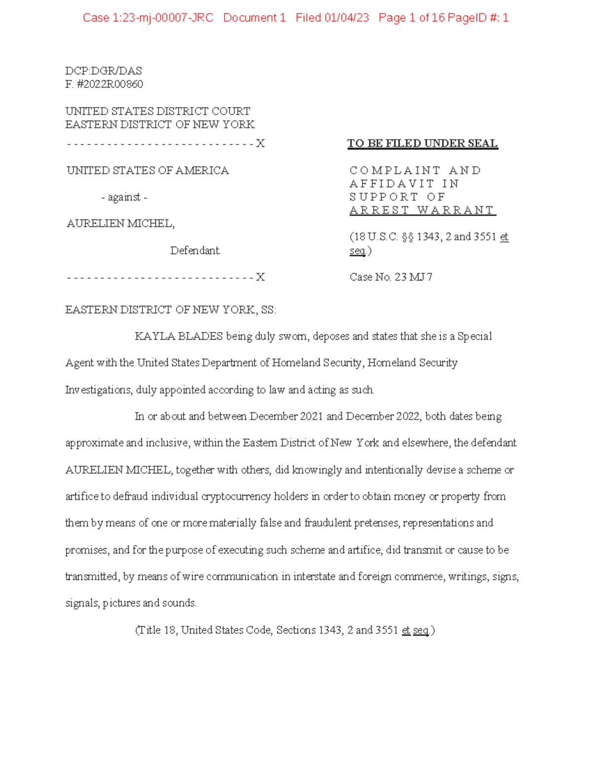 USA v. Aurelien Michel: Complaint & Affidavit for Arrest Warrant - Studocu