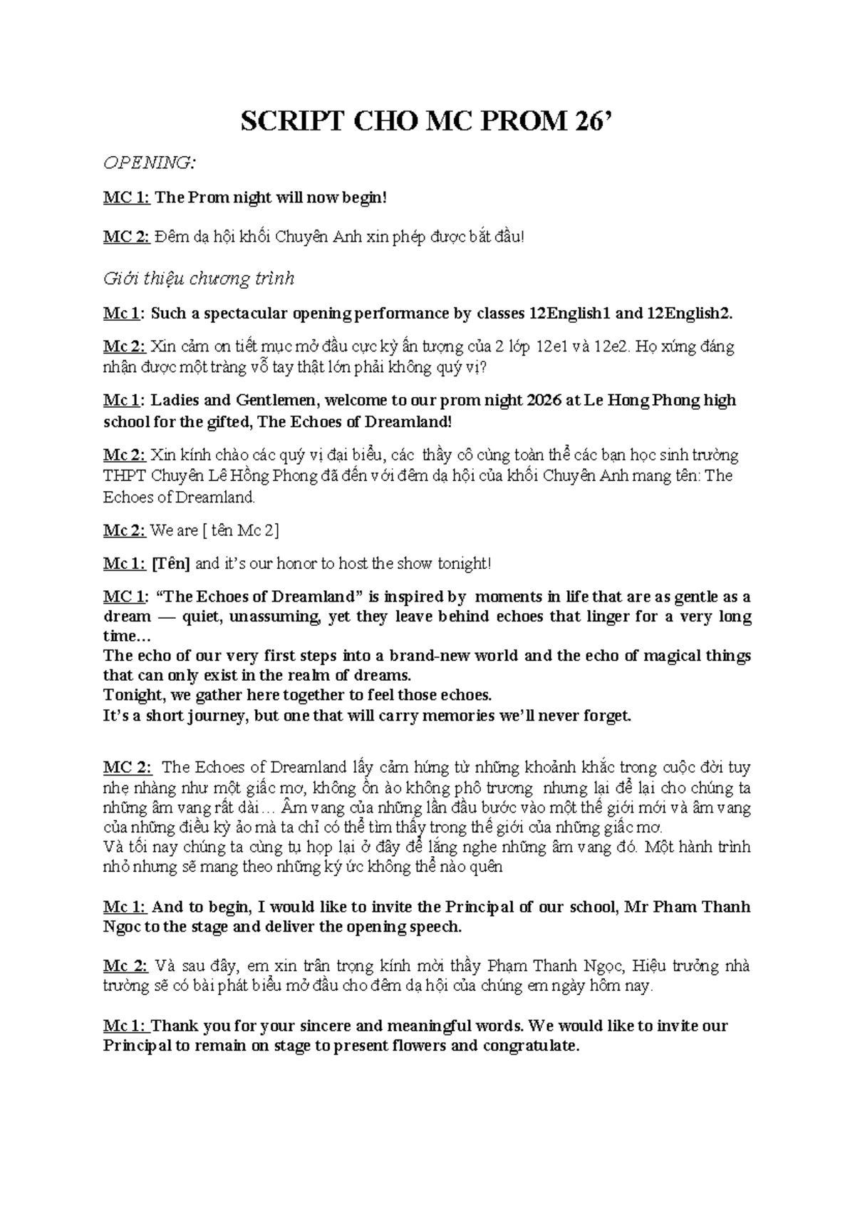 Script for MCs at Prom Night 2026: The Echoes of Dreamland - Studocu