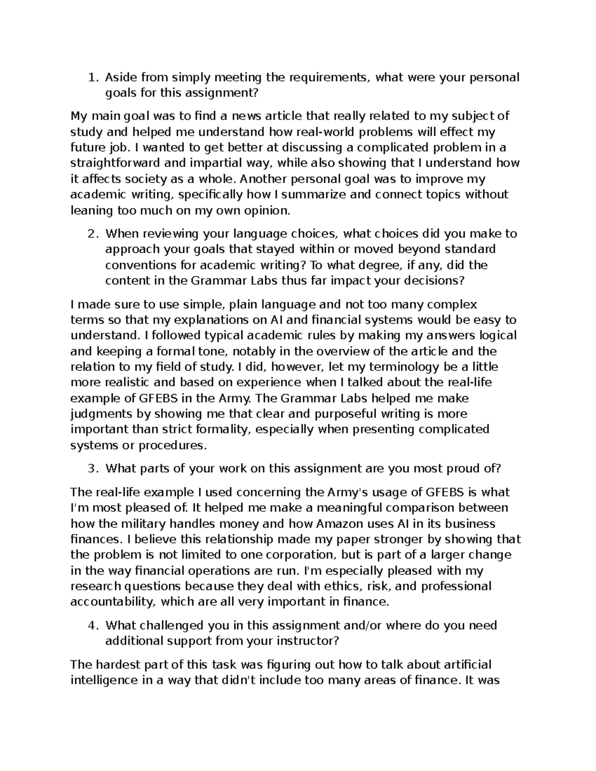 Reflection Questions on AI and Finance: Personal Goals and Challenges ...