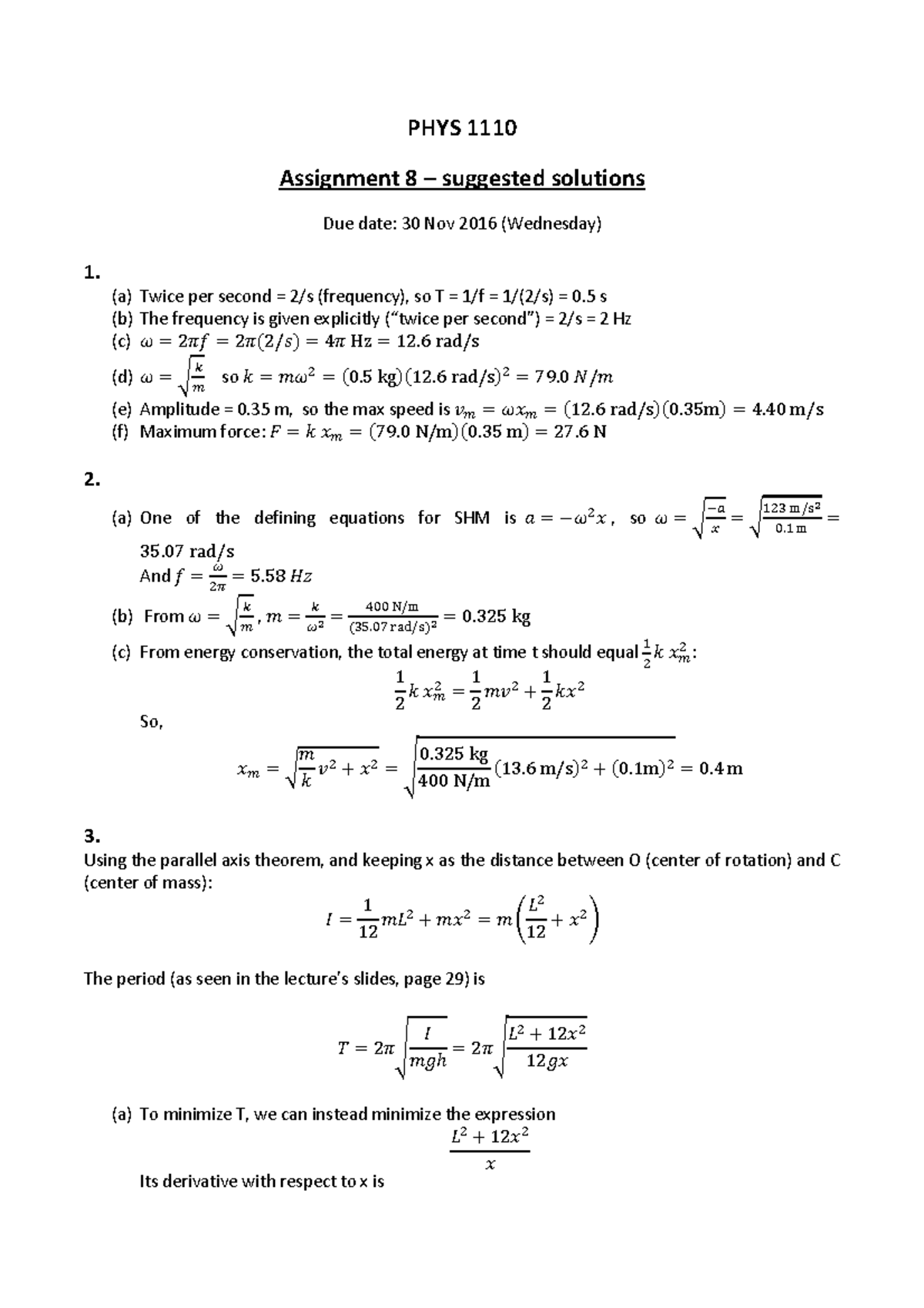 Solution 08 - PHYS 1110 Assignment 8 – suggested solutions Due date: 30 ...
