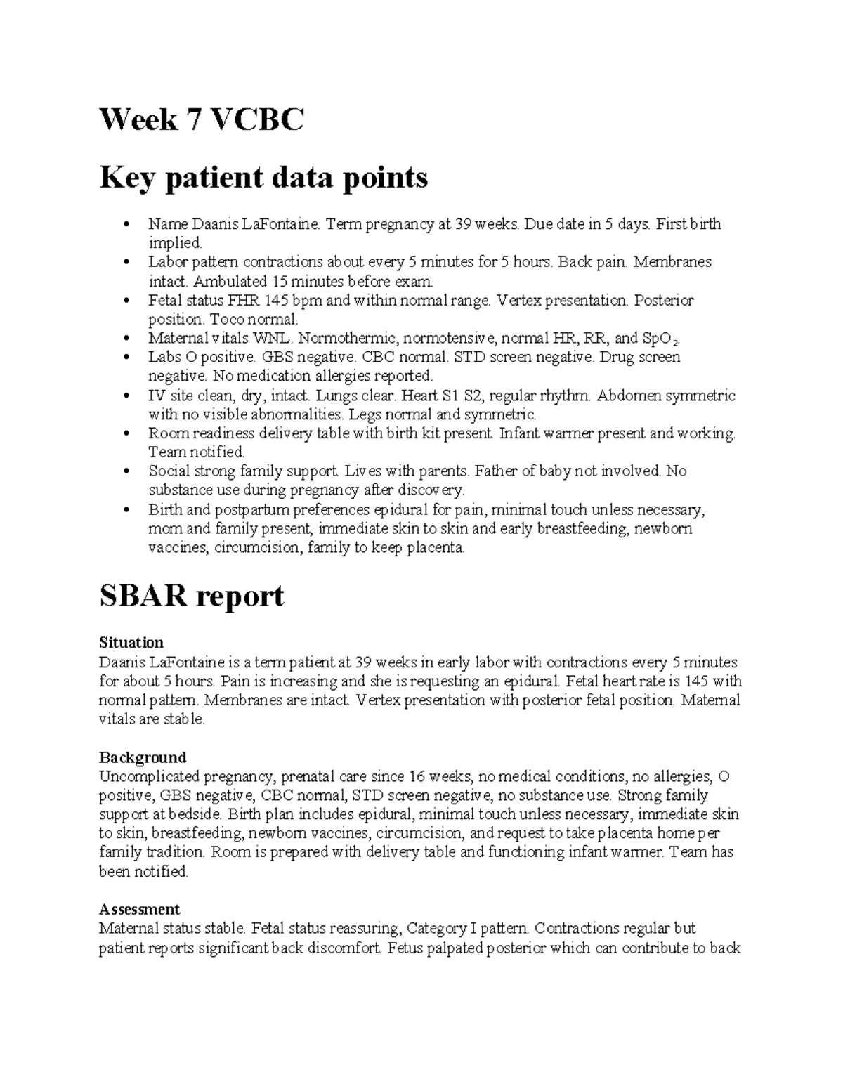 Week 7 VCBC - Key Patient Data Points and Care Recommendations - Studocu