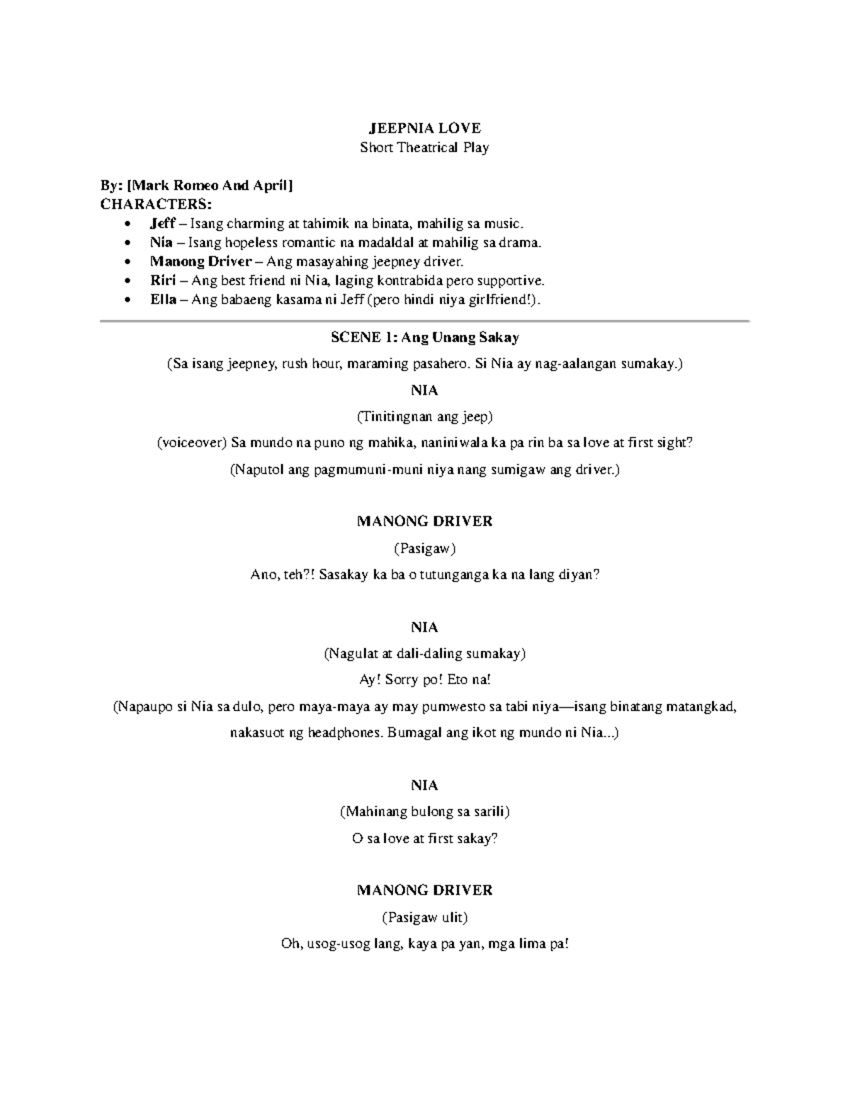 JEEPNIA LOVE: A Short Theatrical Play Script for Performance Task - Studocu