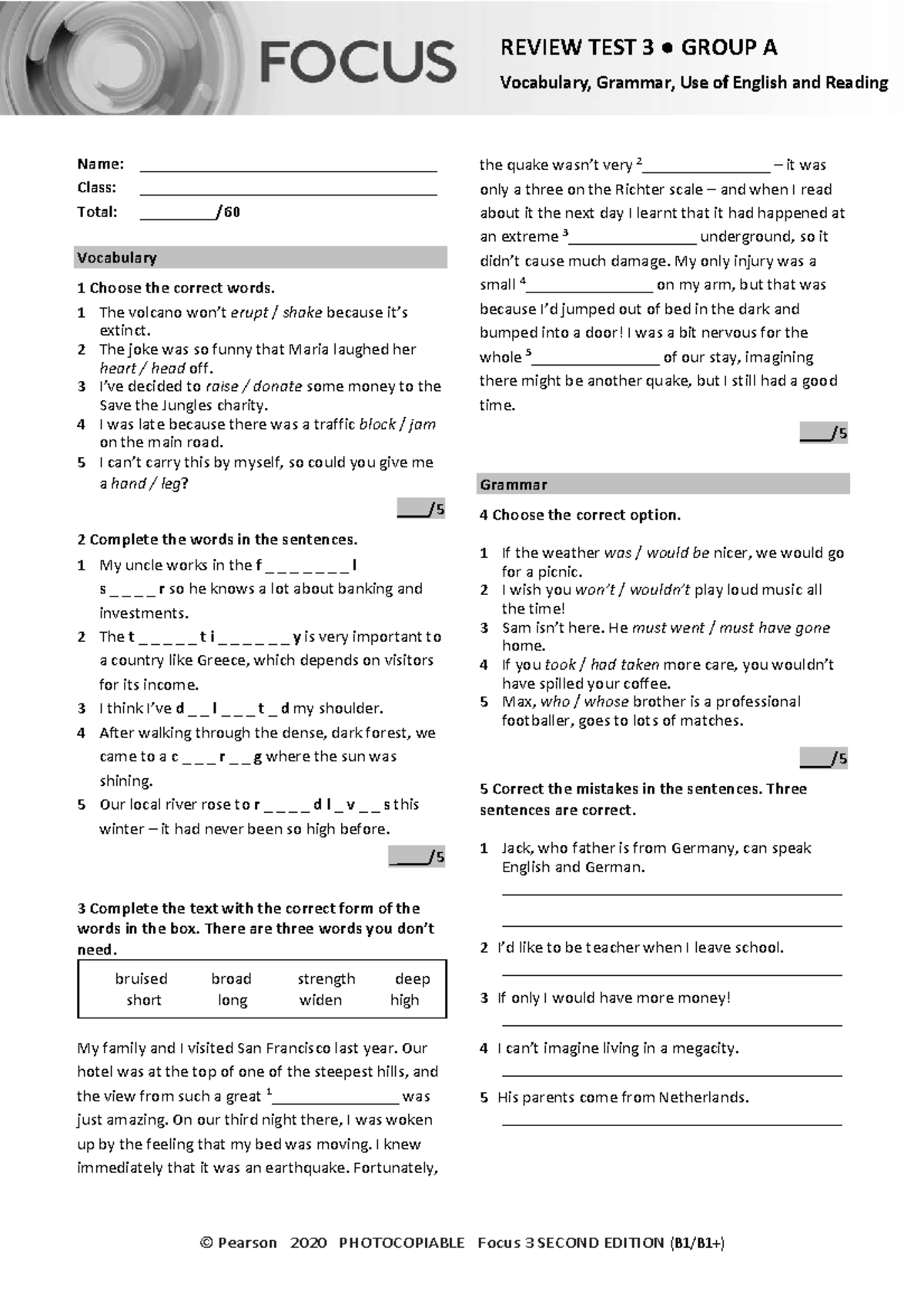 Focus 3 2E Review Test 3: Vocabulary, Grammar, and Reading - Group A ...