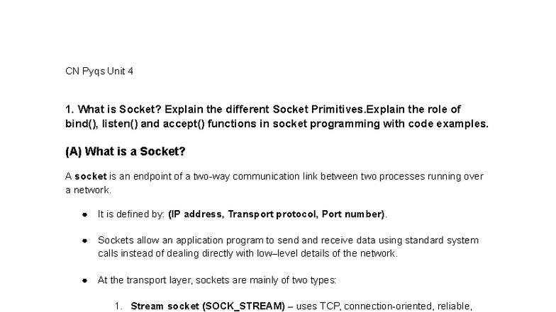 CN Pyqs Unit 4 - Socket Programming & Congestion Control Notes - Studocu