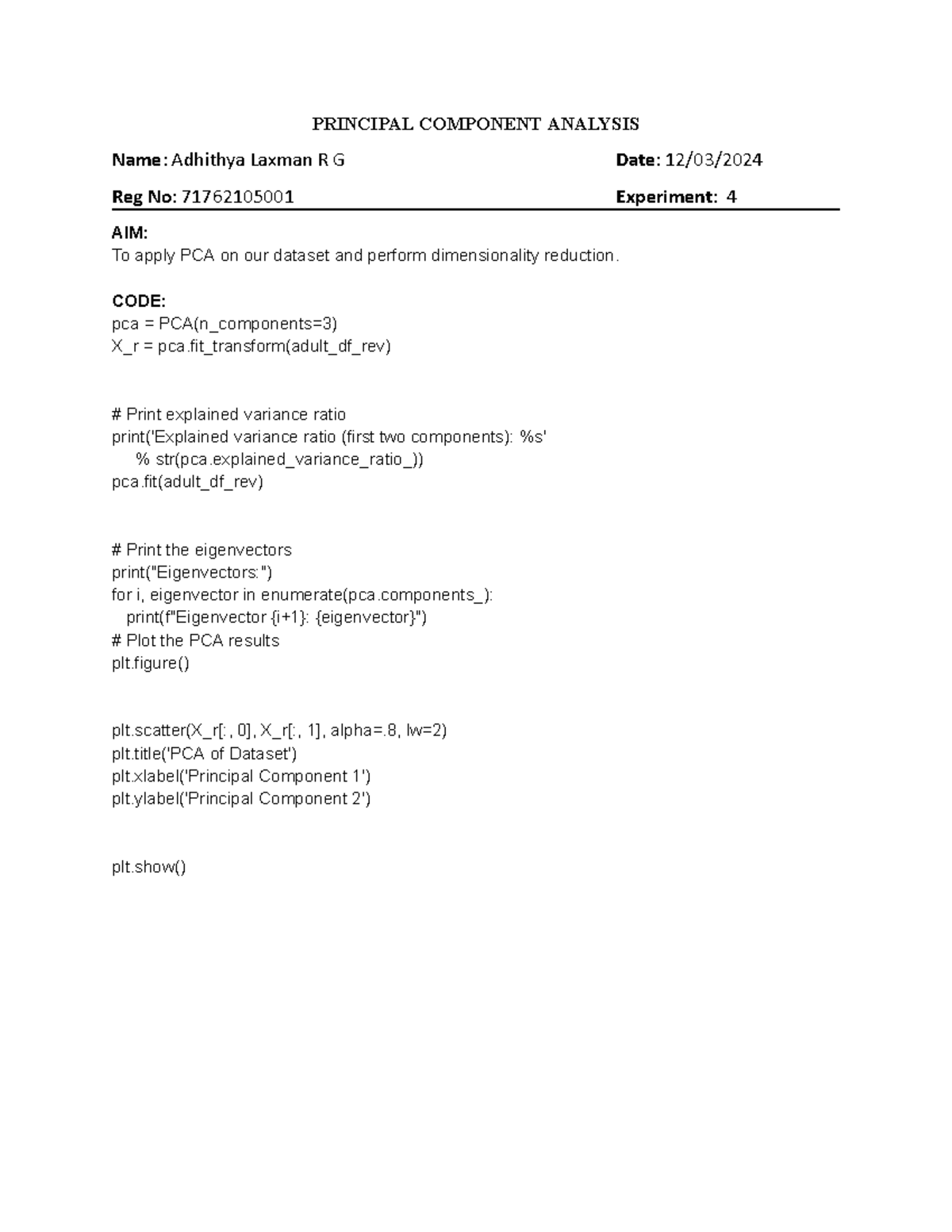 PCA Experiment 4: Dimensionality Reduction Techniques and Applications ...