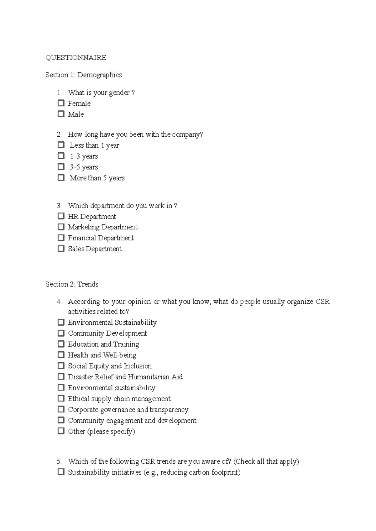 CSR Questionnaire Survey for Employee Insights - Studocu