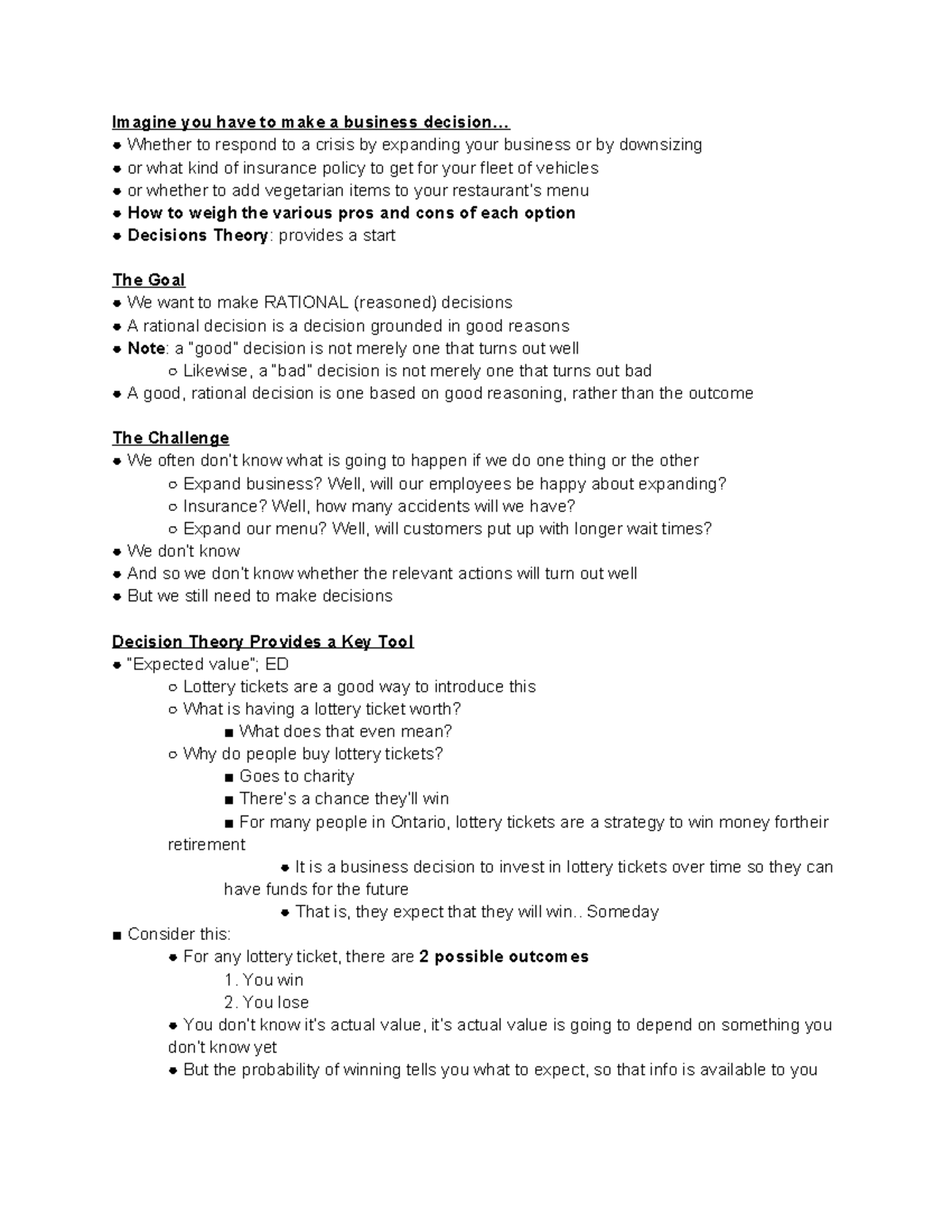 Expected Value and Decision Theory: Week 3 Summary - Studocu