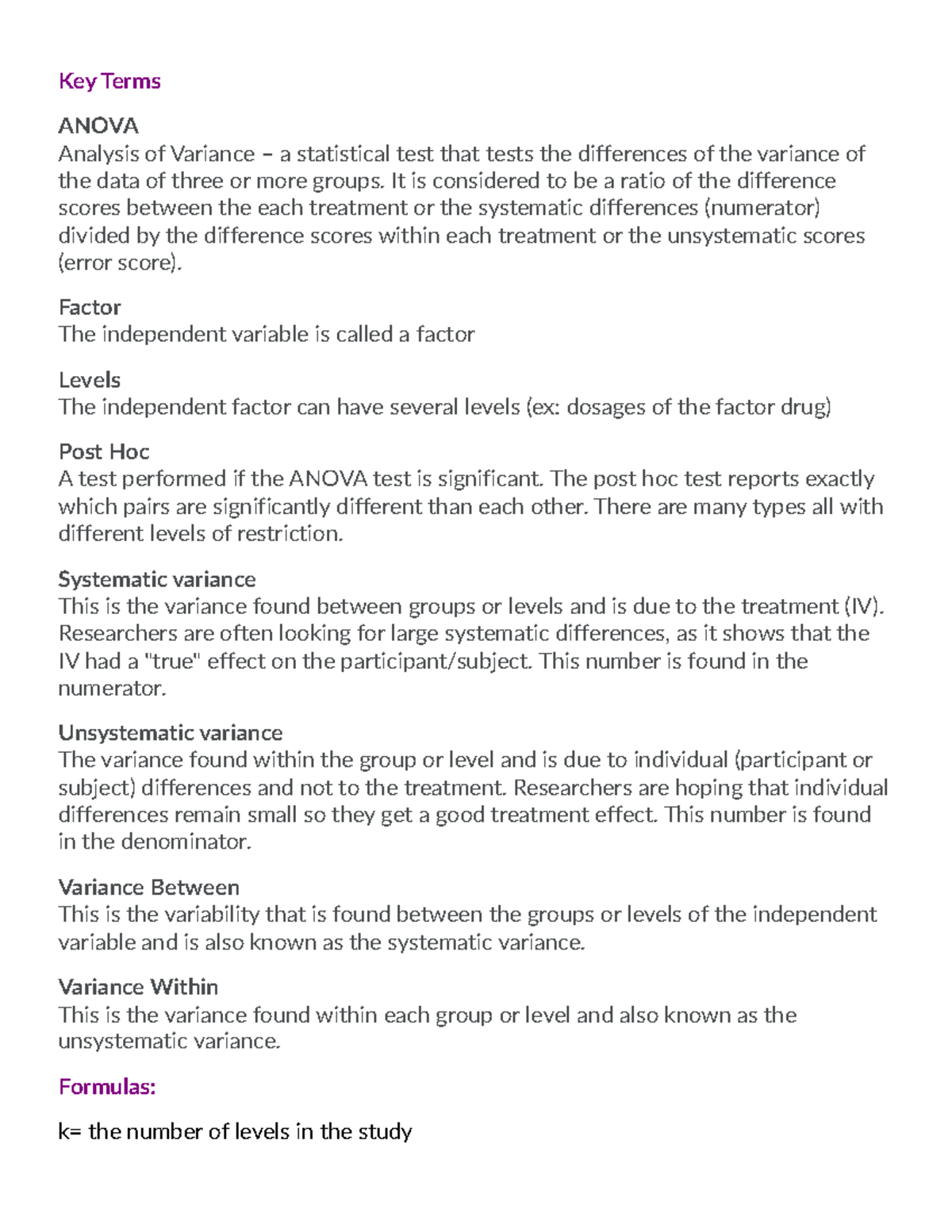Key Terms and Formulas for ANOVA in PSYCH 24800 Lecture Notes - Key ...