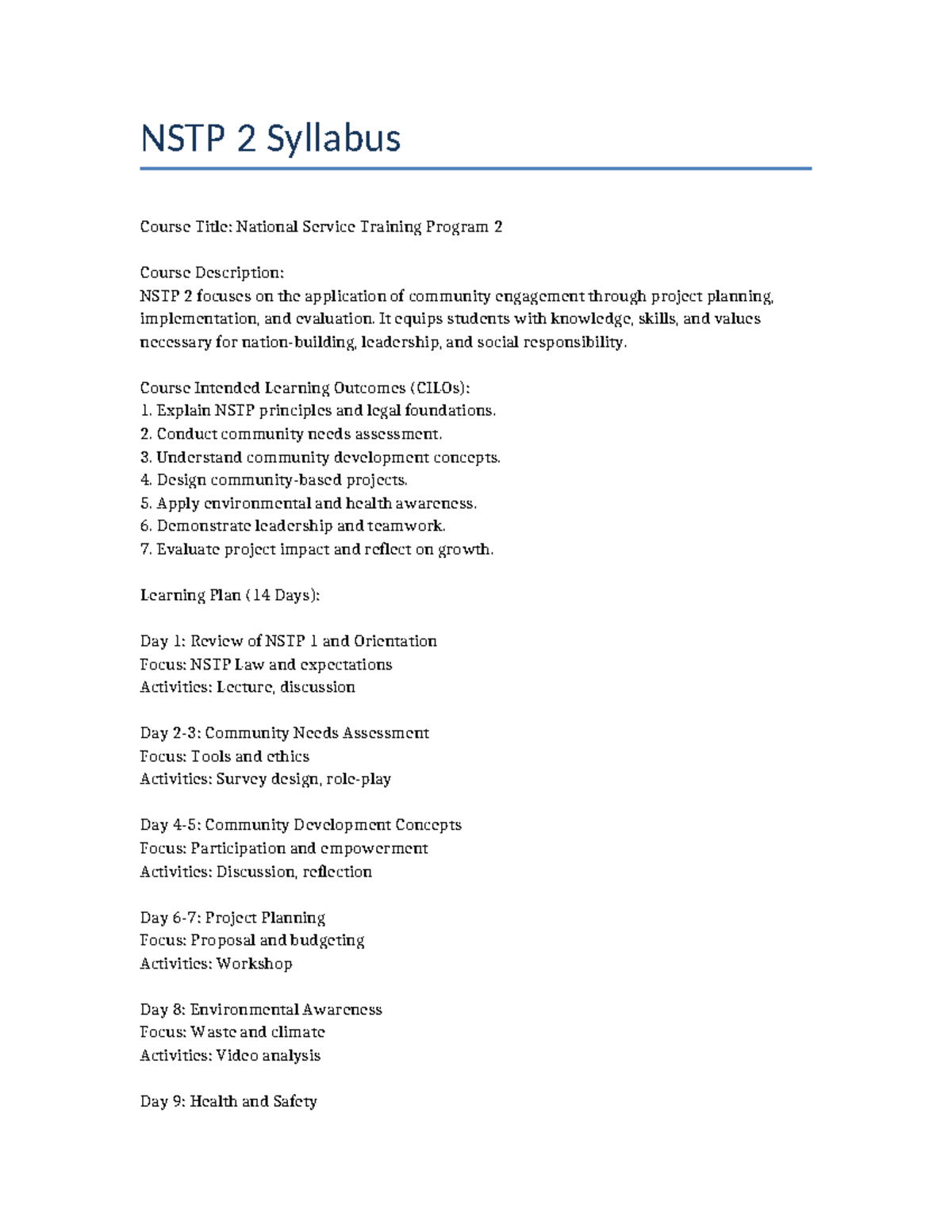 NSTP 2 Syllabus: Community Engagement & Project Planning - Studocu