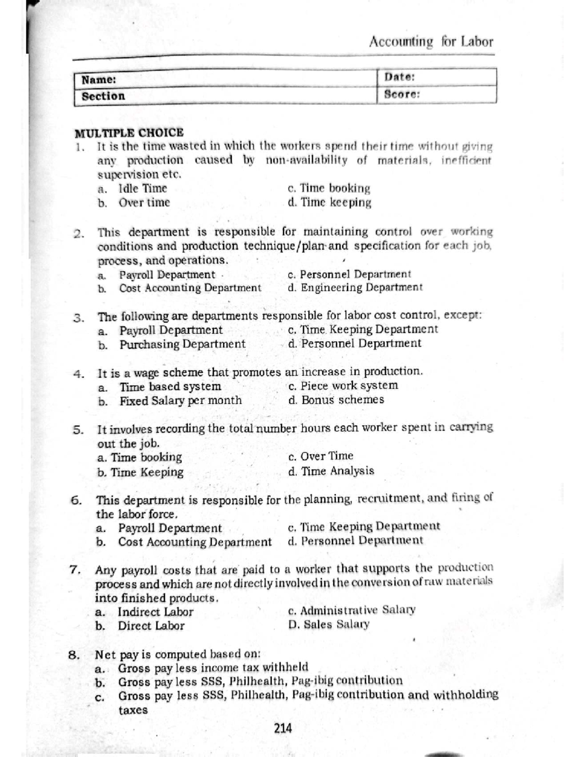 Cost Accounting (ACCT 101) - Labor Accounting Multiple Choice Review ...