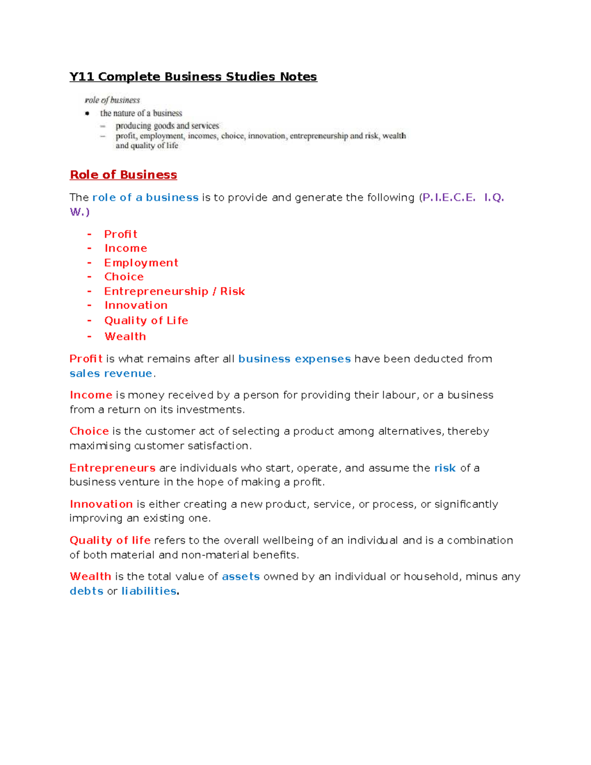Y11 Business Studies Notes: Role of Business and HR Management - Studocu