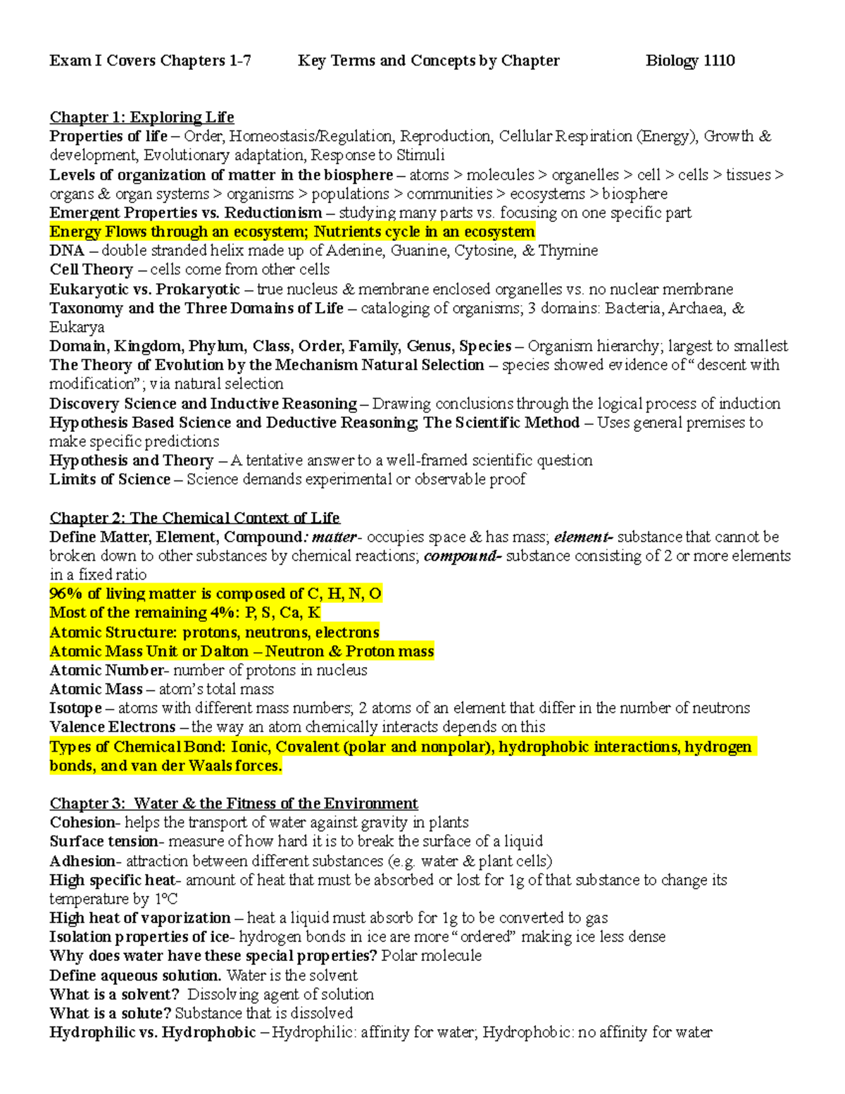 Biology 1110 Study Guide - Exam I: Chapters 1-7 Key Concepts - Studocu